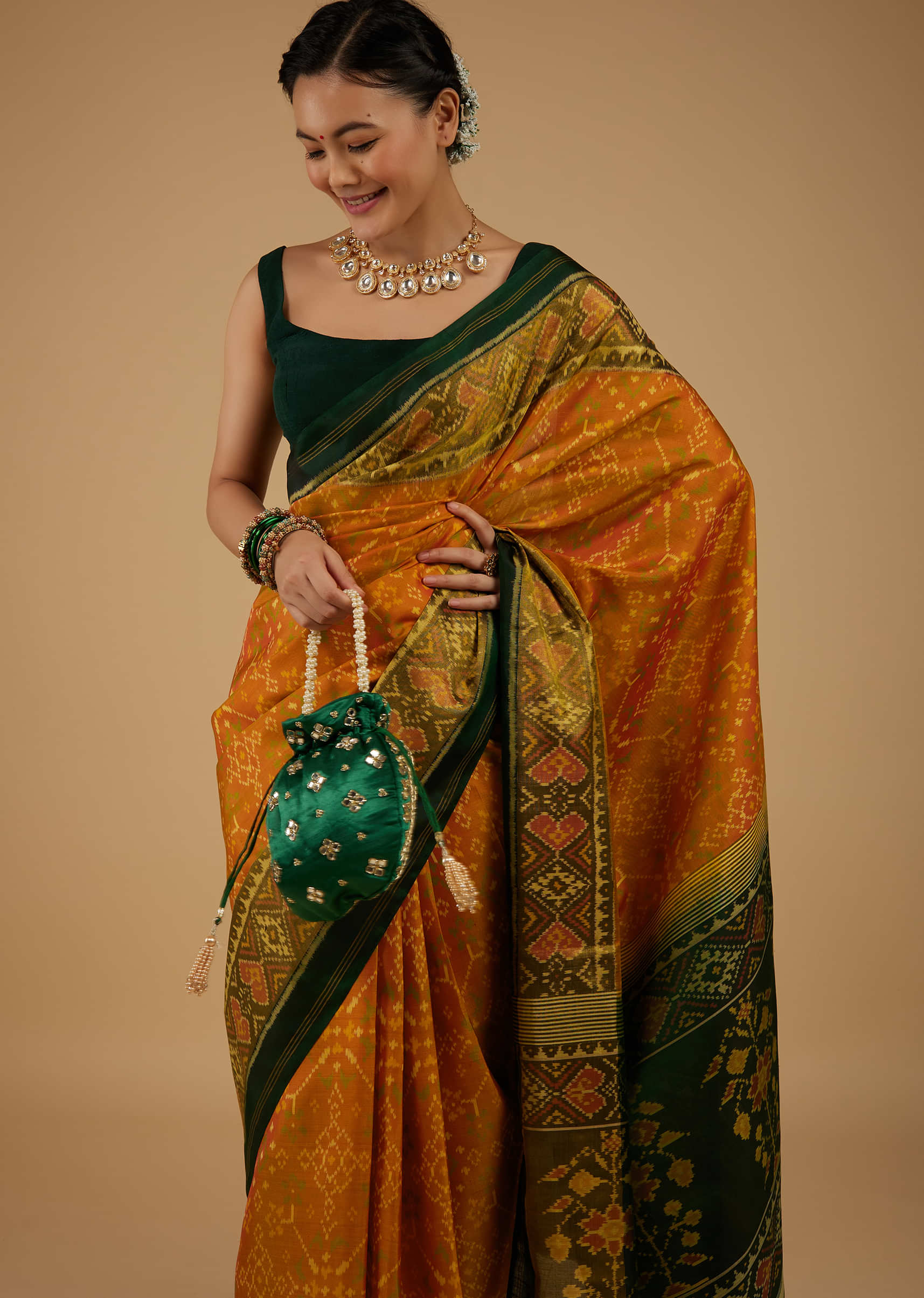 Kalki Golden Oak Yellow Saree In Silk With Ikat Weave Patola Work
