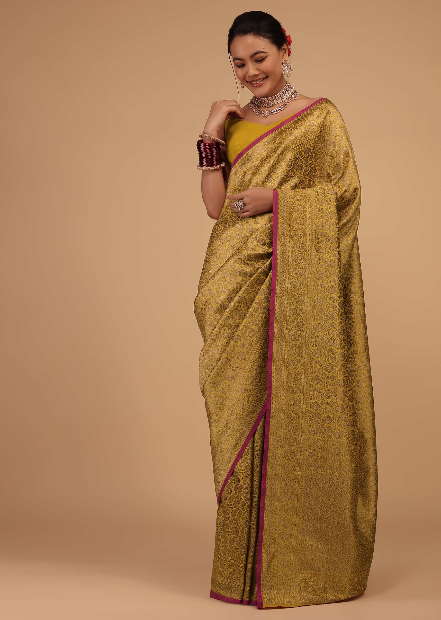 Gold Yellow Saree In Pure Banarasi Silk With Upada Zari Weave Floral Jaal Work