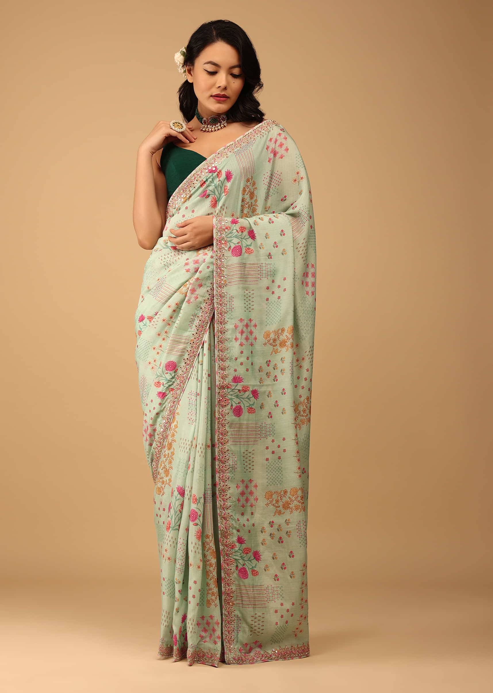 Kalki Gossamer Green Saree In Muslin With Floral Handblock Print And Embroidery