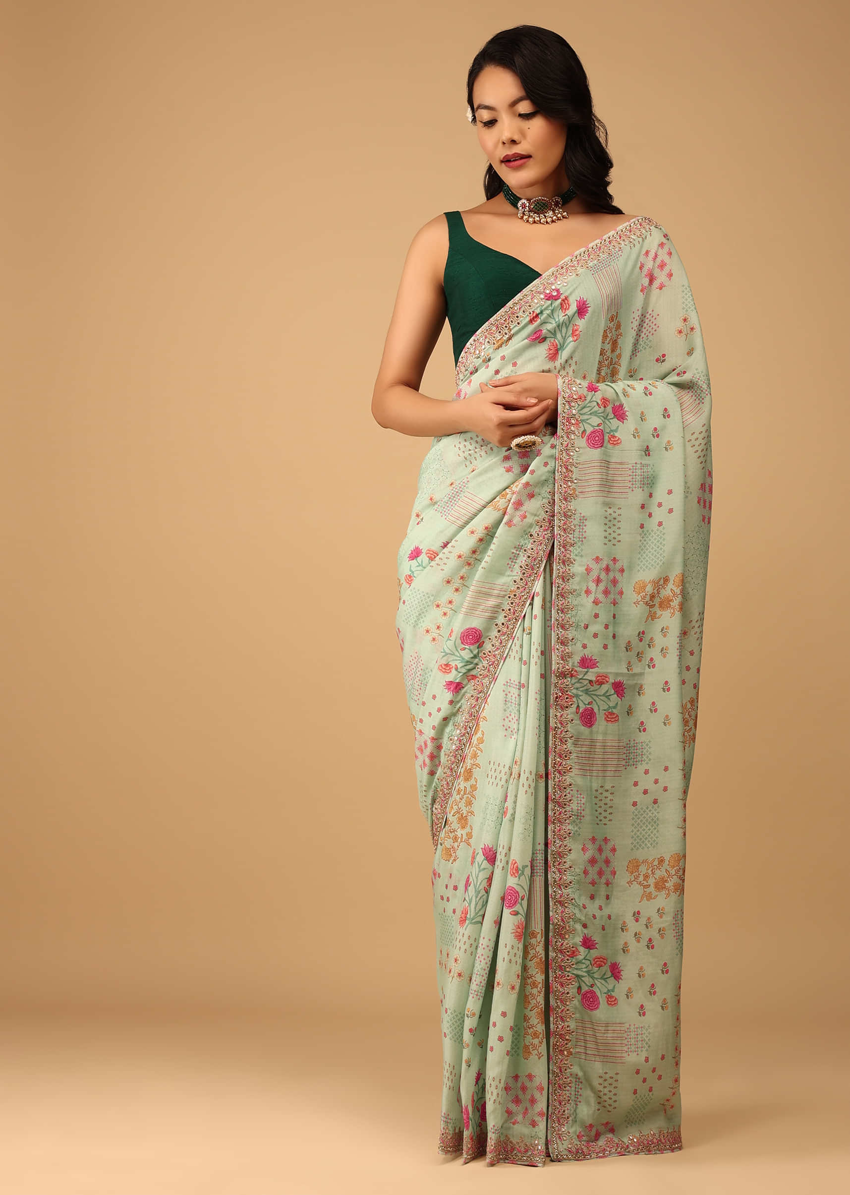 Powder Green Saree In Muslin With Floral Handblock Print And Embroidery
