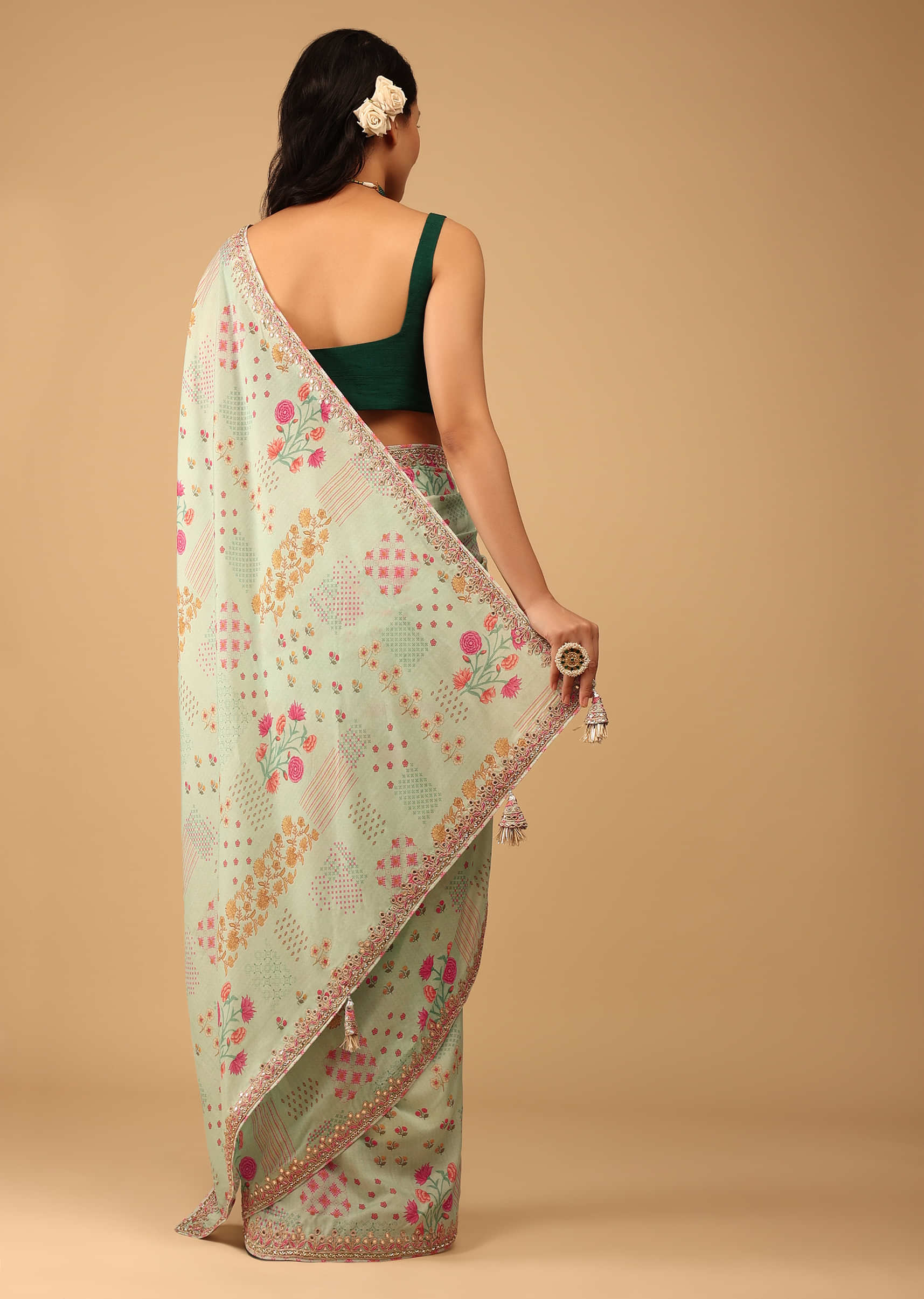 Powder Green Saree In Muslin With Floral Handblock Print And Embroidery