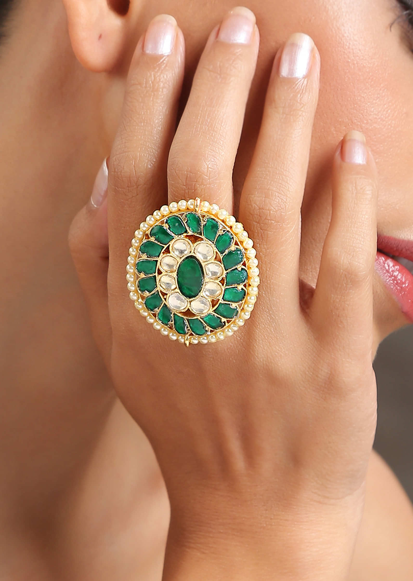 Green Gold Plated Kundan Ring