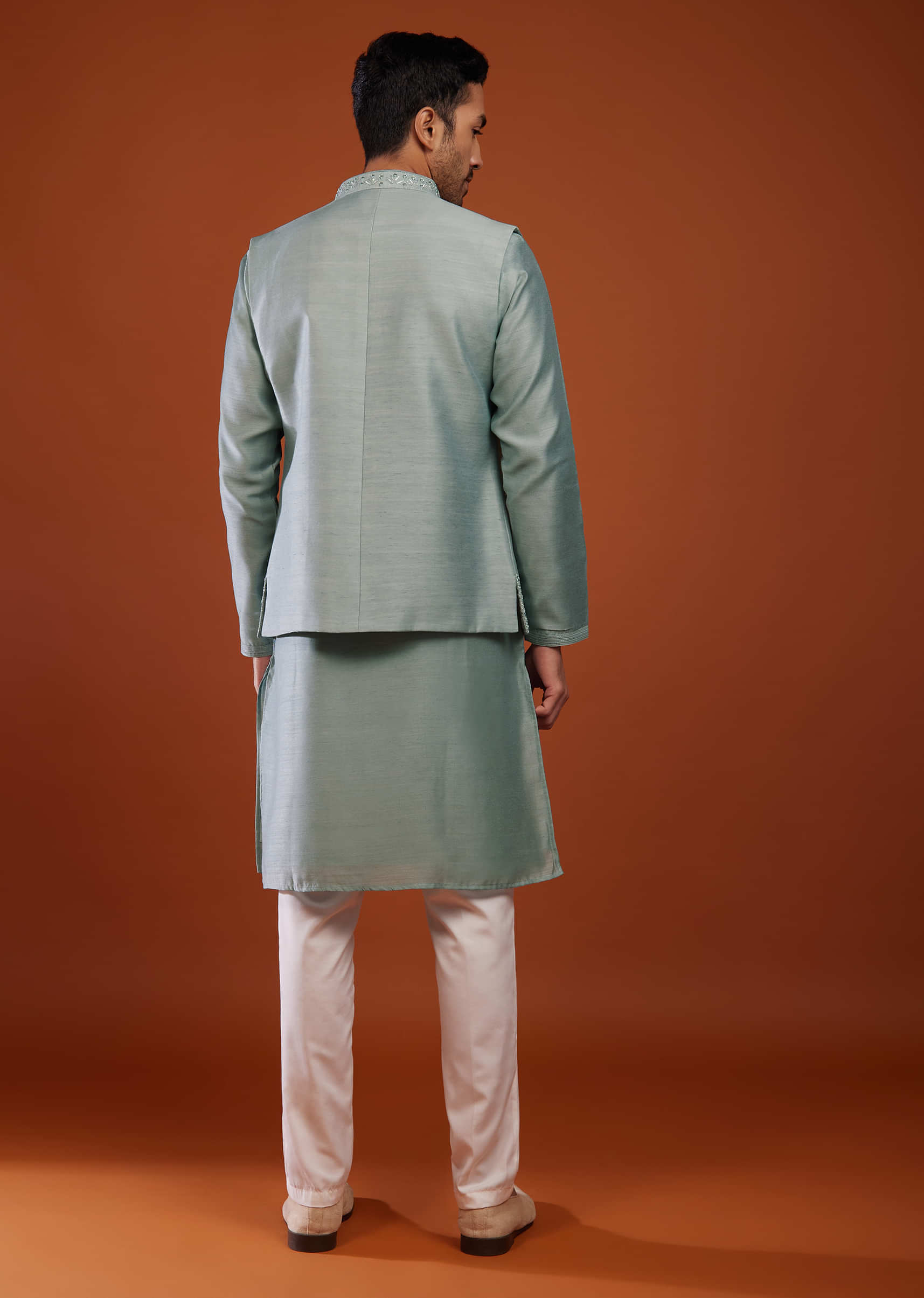 Powder Blue Bandi Jacket Kurta Set In Cotton Silk With Mirror Embroidery