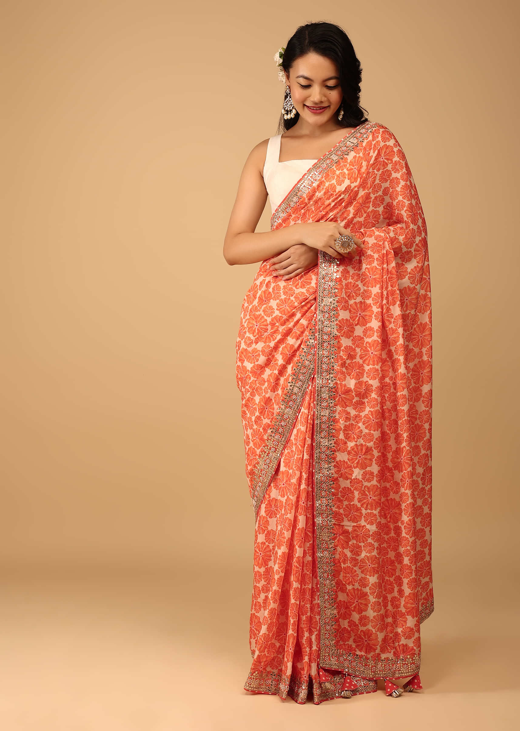Kalki Hot Coral Orange Saree In Muslin With Floral Handblock Print And Embroidery