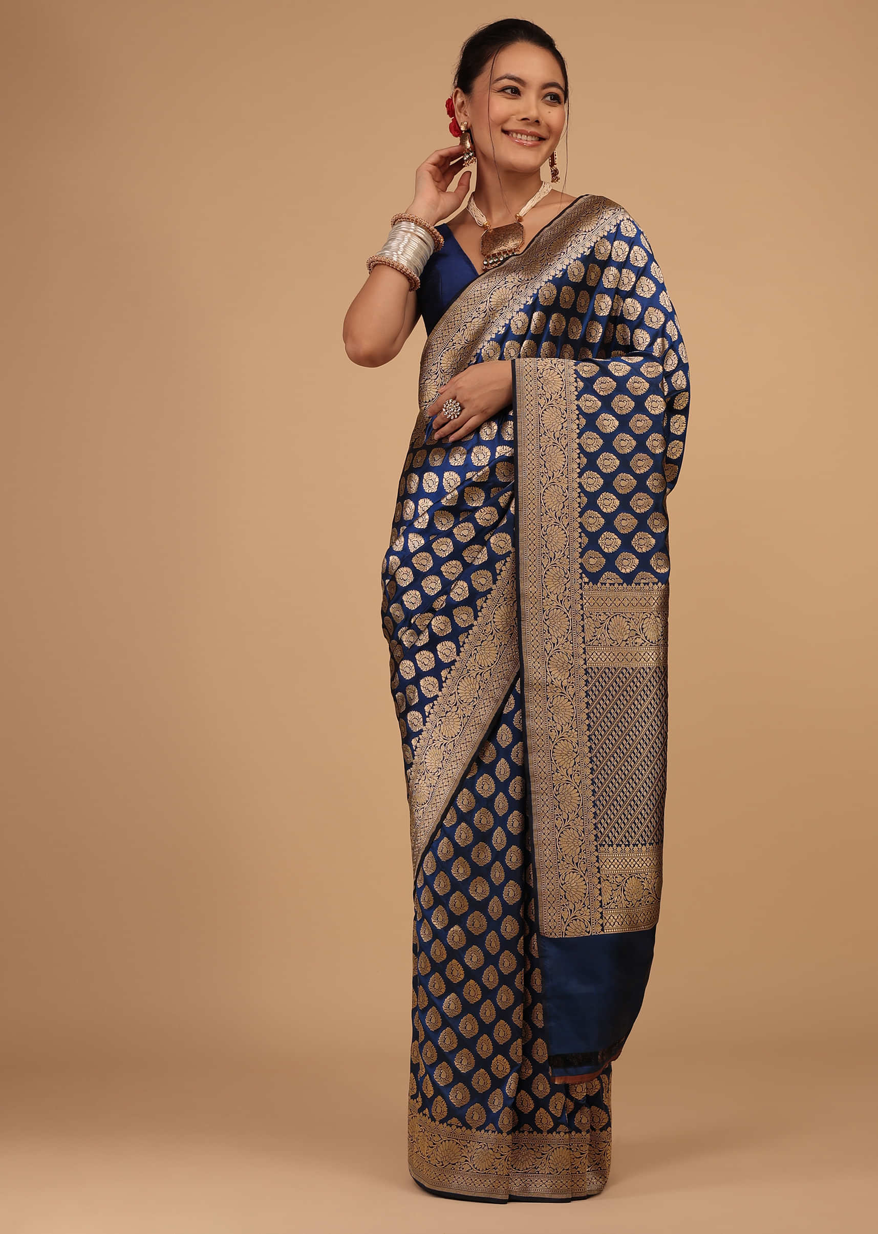 Kalki Imperial Blue Saree In Pure Banarasi Silk With Upada Zari Weave Butti Work