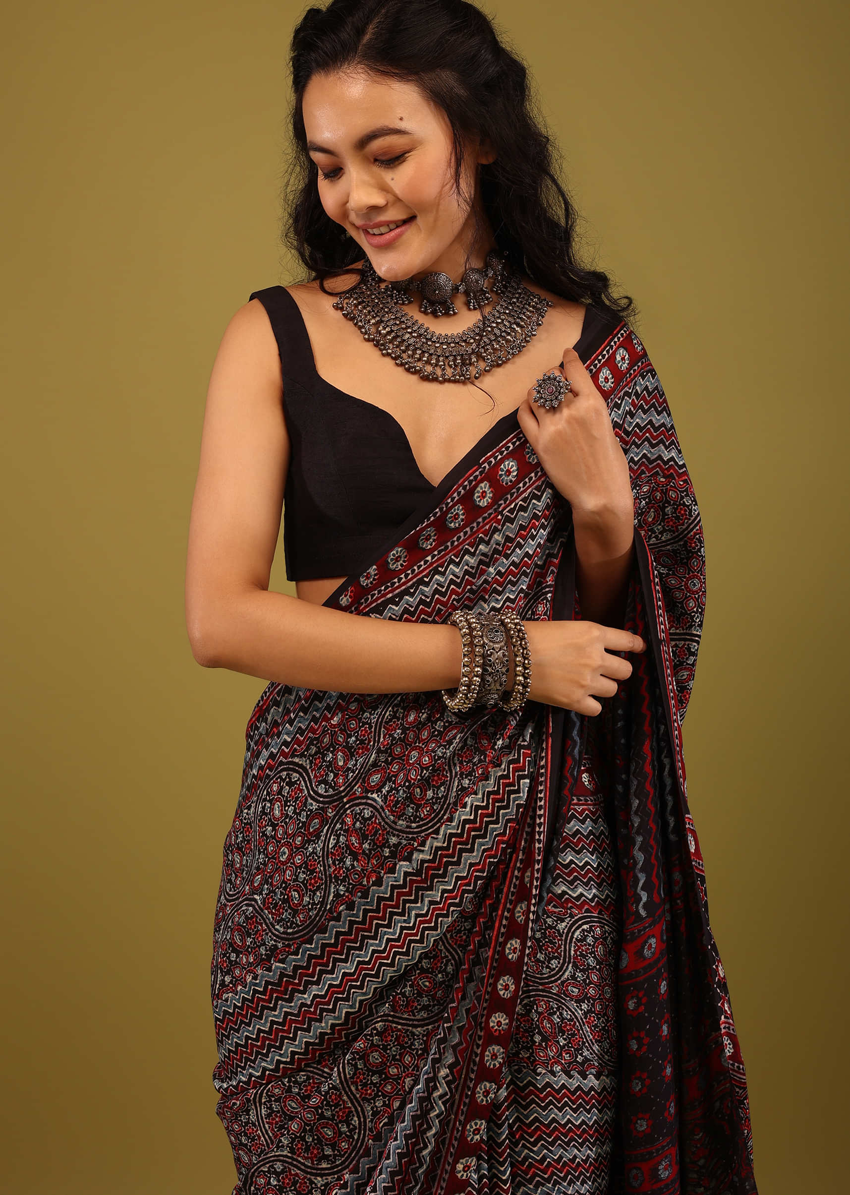 Black Saree In Satin With Ajrakh Handblock Floral Print
