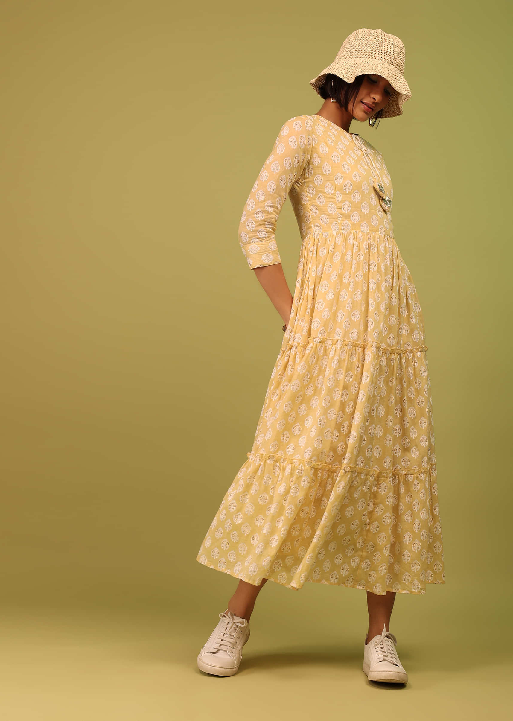 Powder Yellow Tiered Dress With Floral Block Print And Tassel Dori