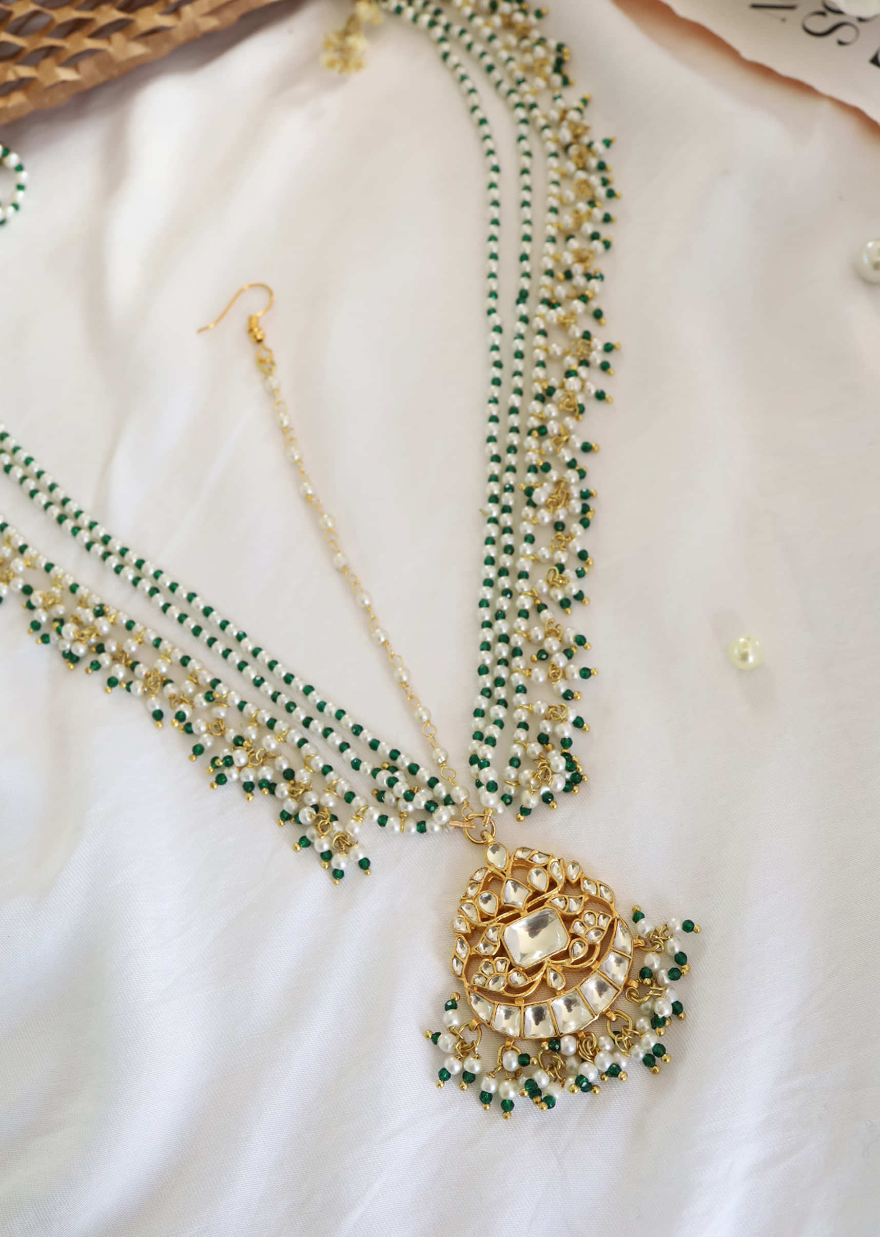 Gold Plated Mathapatti With Pearls And Green Beads