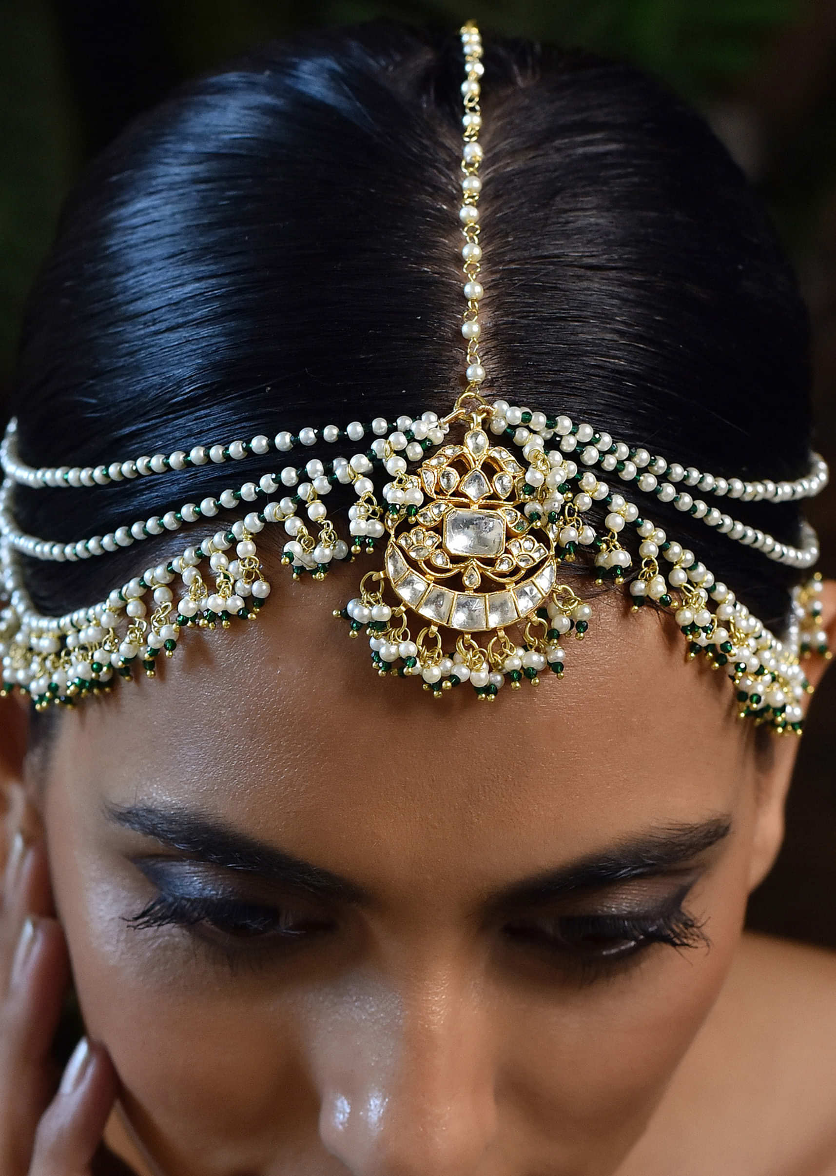 Gold Plated Mathapatti With Pearls And Green Beads