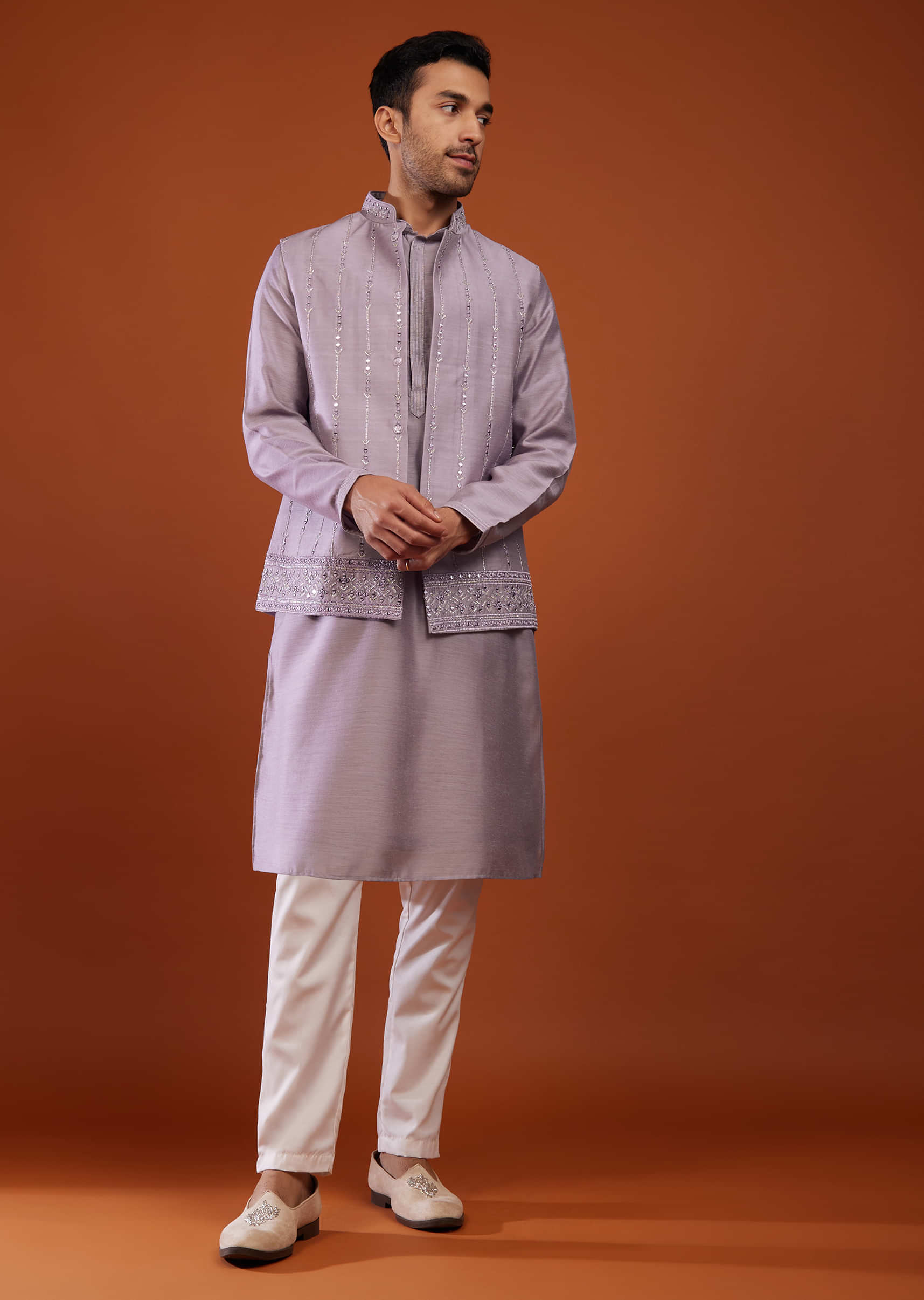 Lavender Purple Bandi Jacket Kurta Set In Cotton Silk With Mirror Embroidery