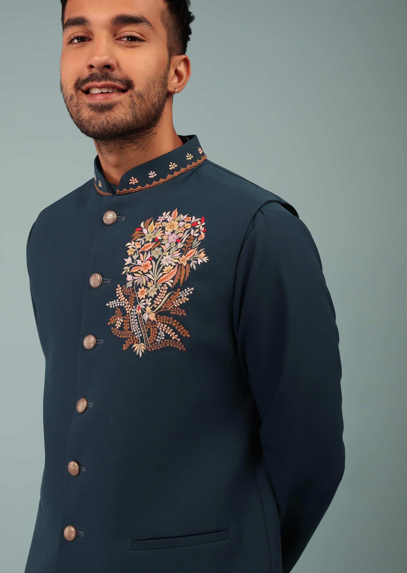 Kalki Legion Blue Bandi Jacket Set In Handloom Poly Wool With Multicolor Floral Butti Embroidery