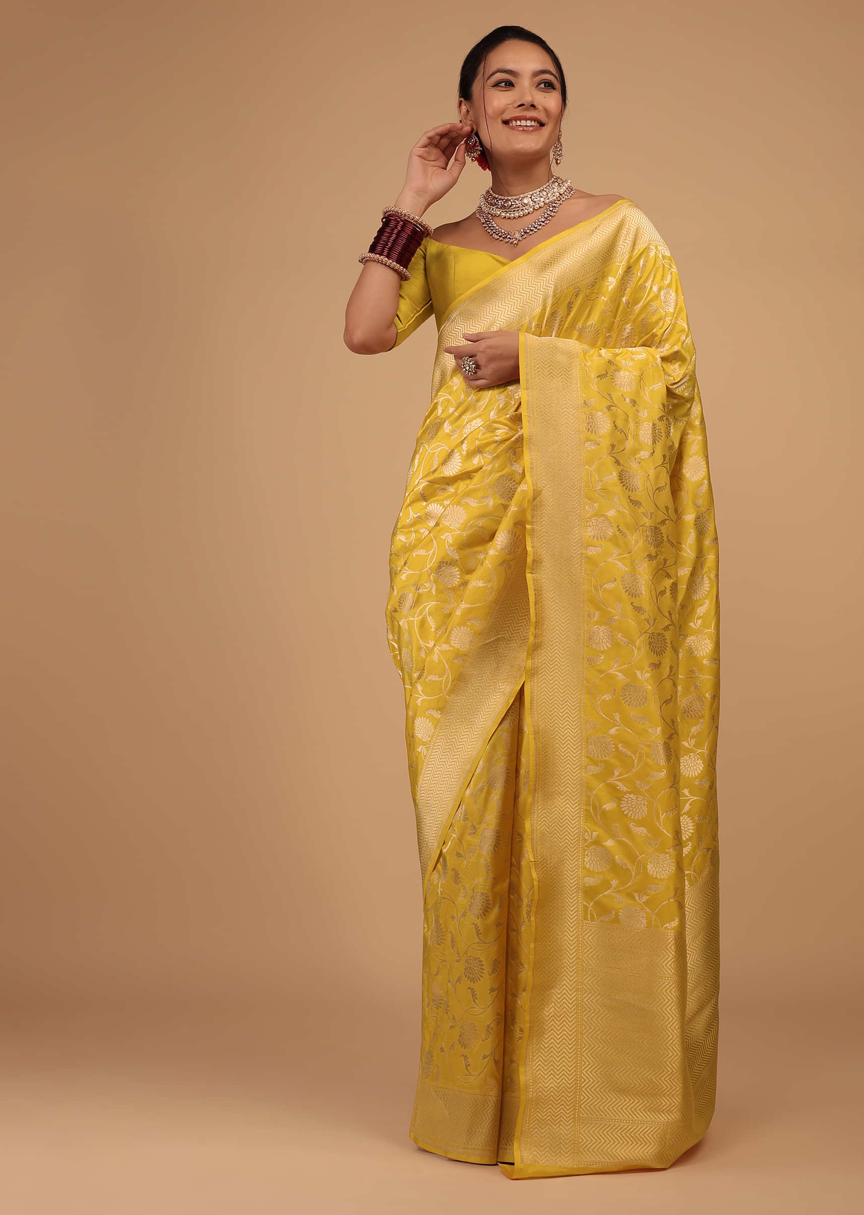 Lemon Yellow Saree In Pure Banarasi Silk With Upada Zari Weave Floral Jaal Work