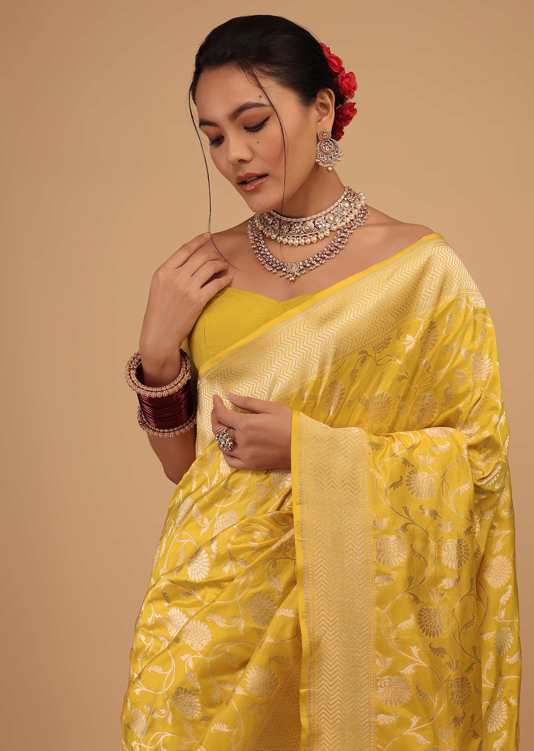 Lemon Yellow Saree In Pure Banarasi Silk With Upada Zari Weave Floral Jaal Work