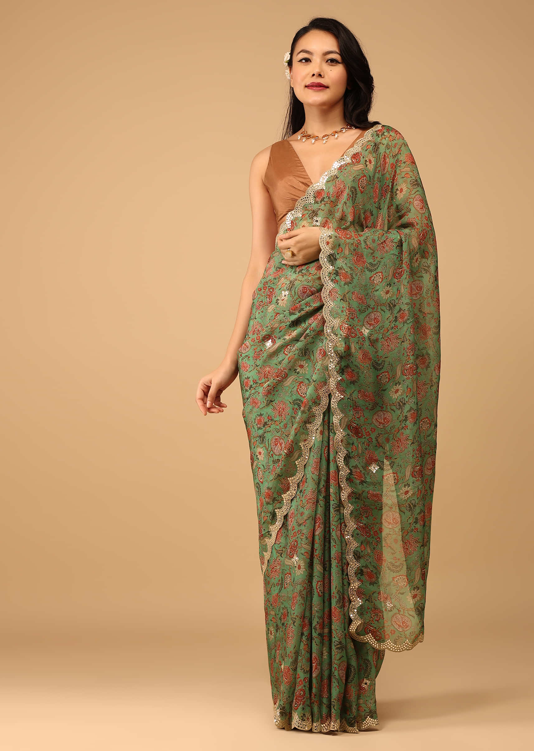 Kalki Leprechaun Green Saree In Crepe With Floral Handblock Print And Embroidery