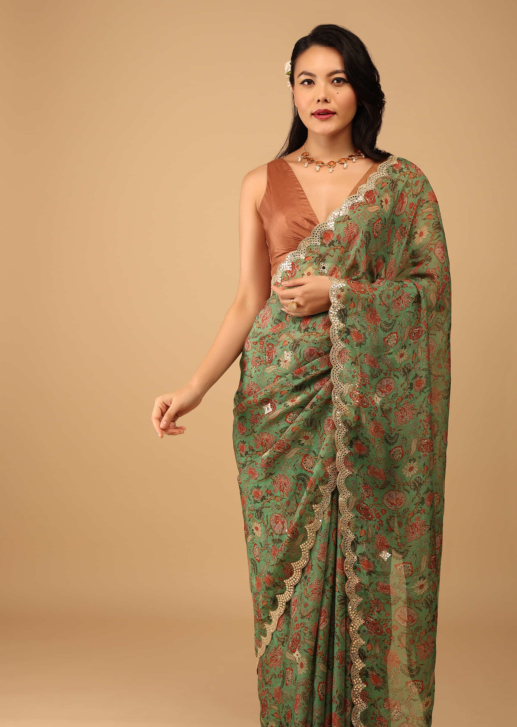 Moss Green Floral Saree In Crepe With Embroidery