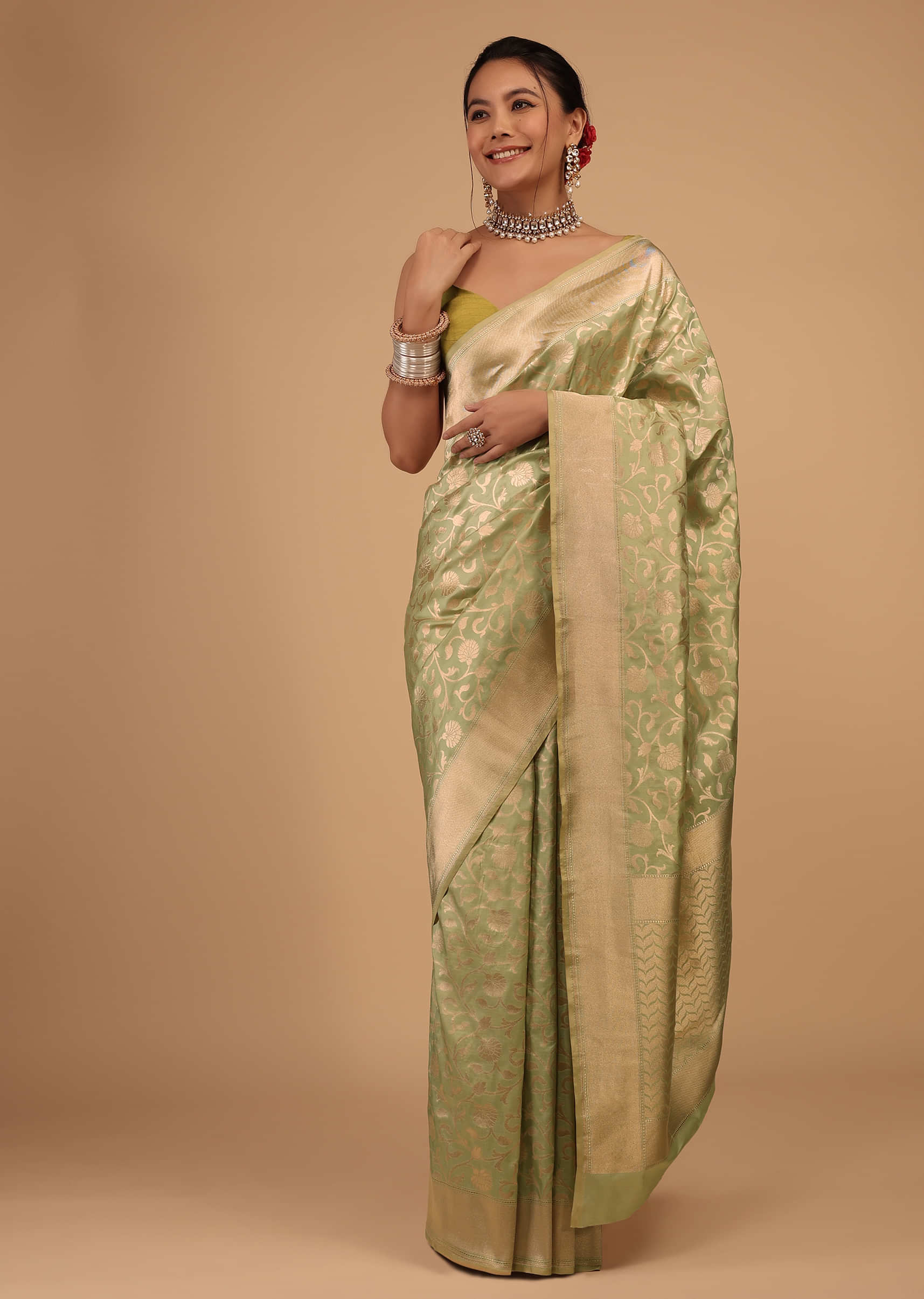 Lily Green Saree In Pure Banarasi Silk With Upada Zari Weave Floral Jaal Work