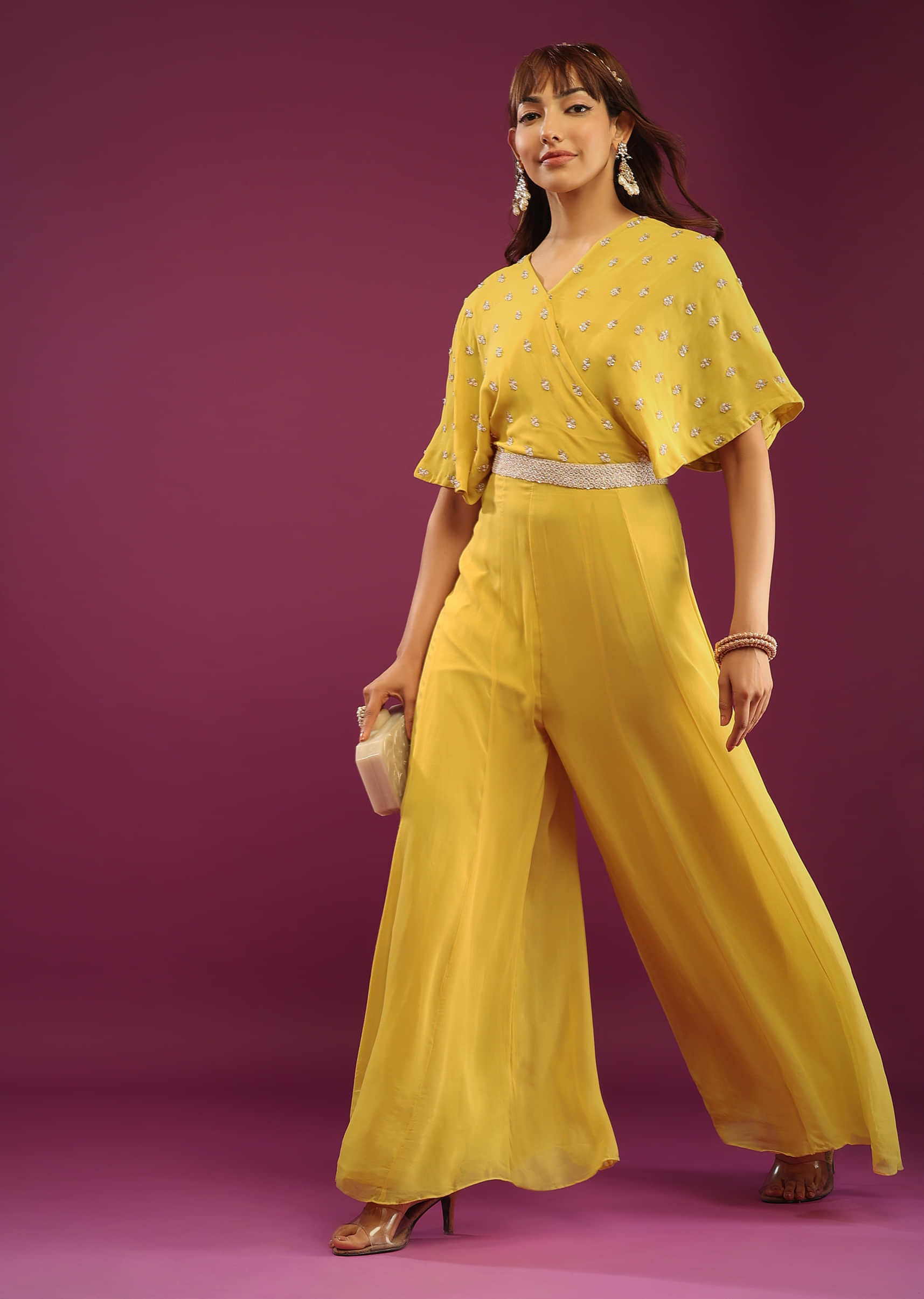 Bright Yellow Jumpsuit With Embroidery In Beads And Cut Dana