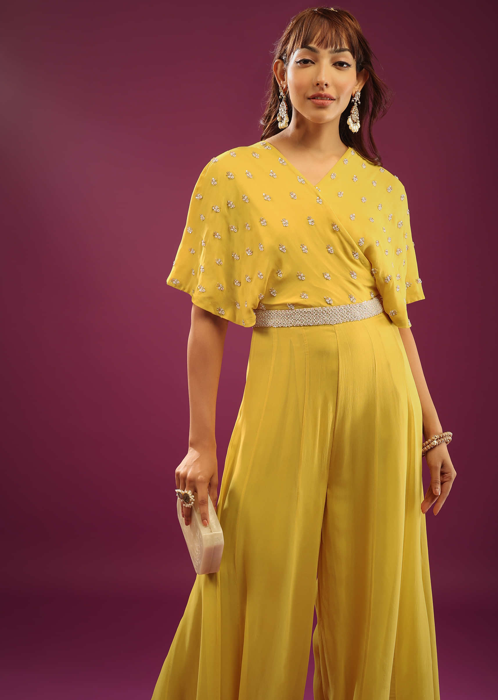 Bright Yellow Jumpsuit With Embroidery In Beads And Cut Dana