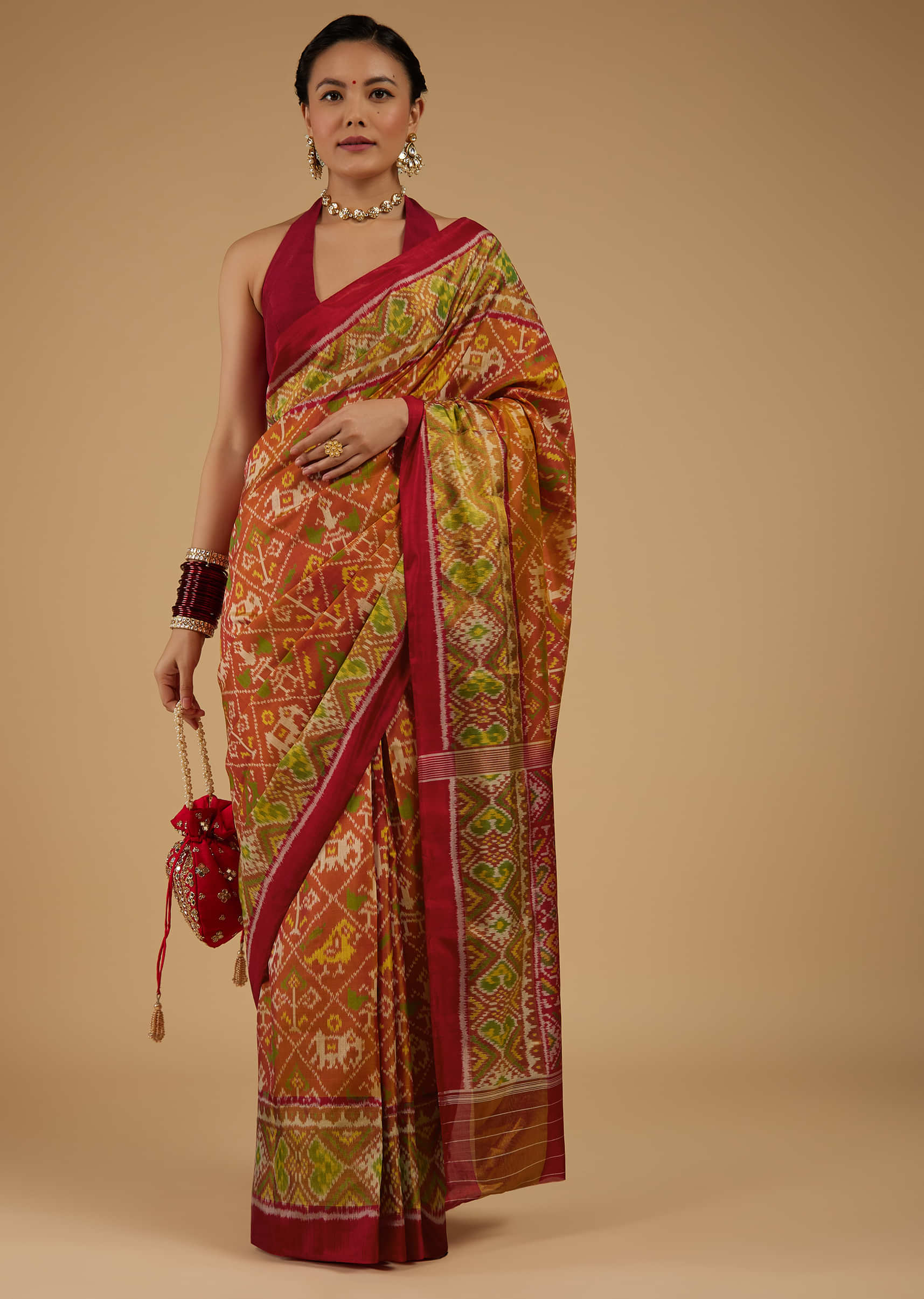 Fire Orange Saree In Silk With Ikat Weave Patola Work