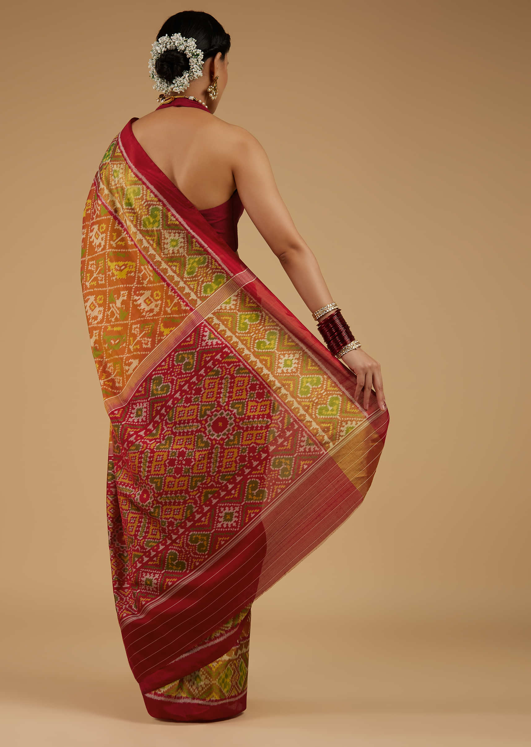 Fire Orange Saree In Silk With Ikat Weave Patola Work