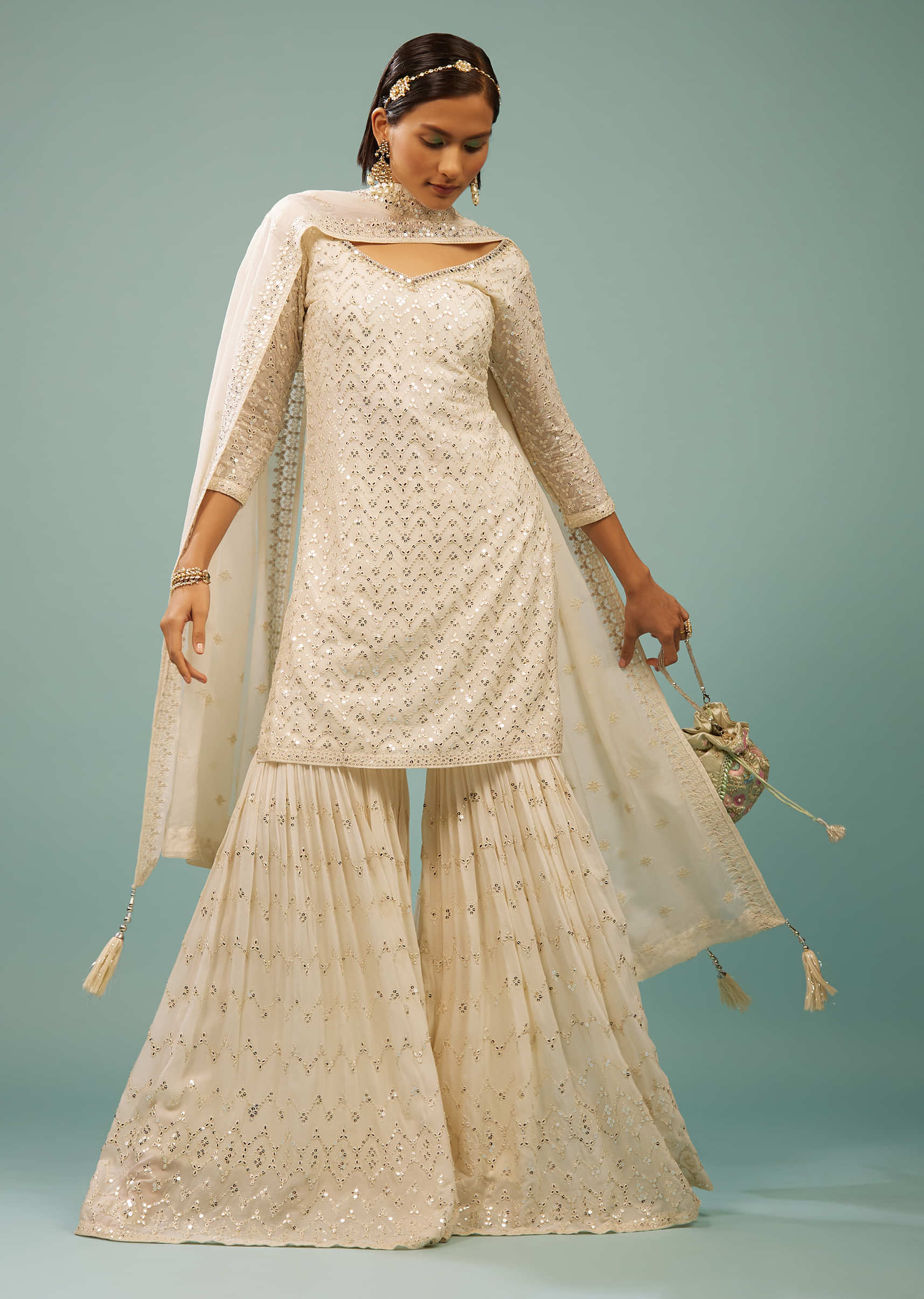 Kalki Marshmallow White Sharara Suit With Embroidery