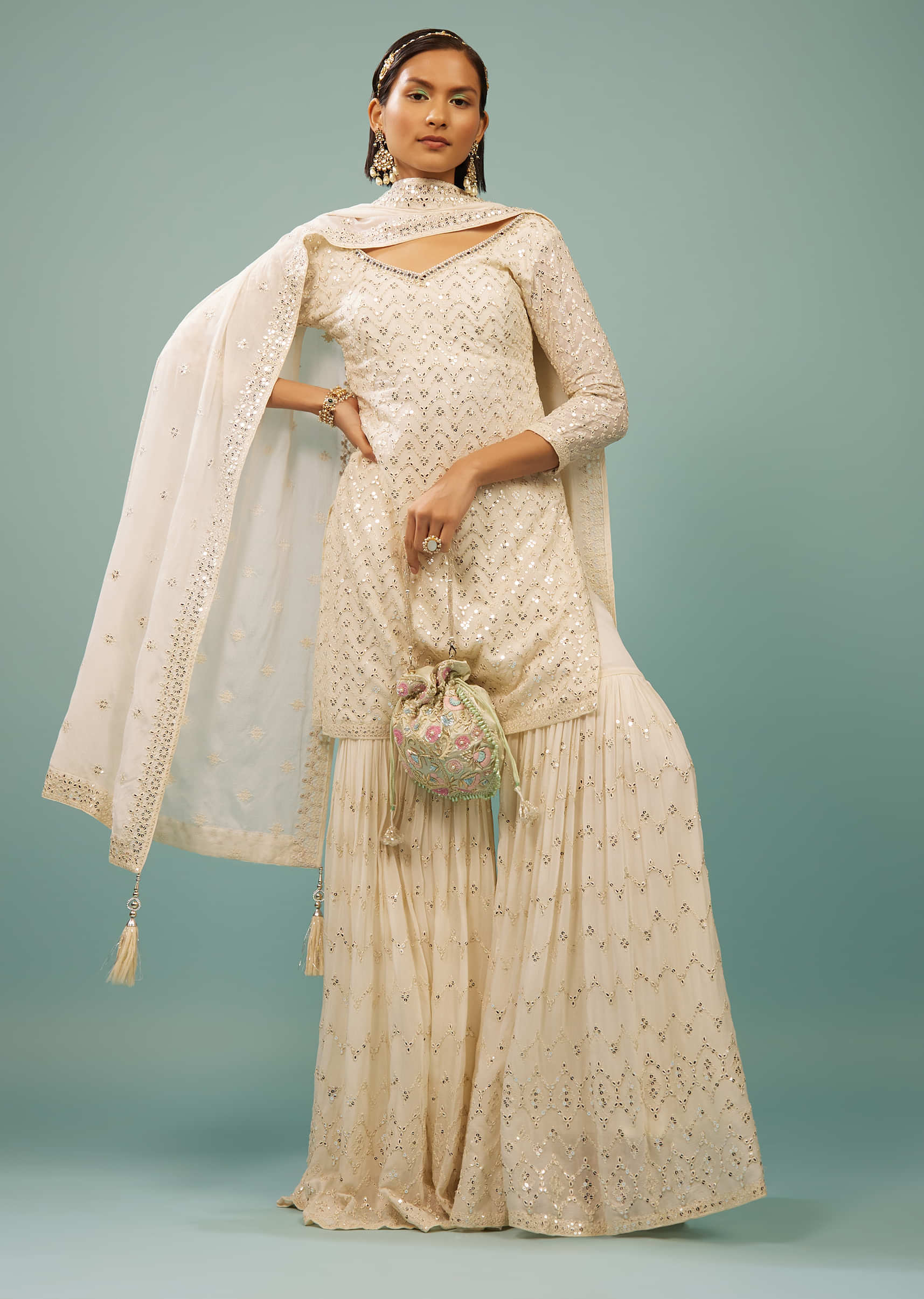 Pearl White Sharara Suit With Embroidery