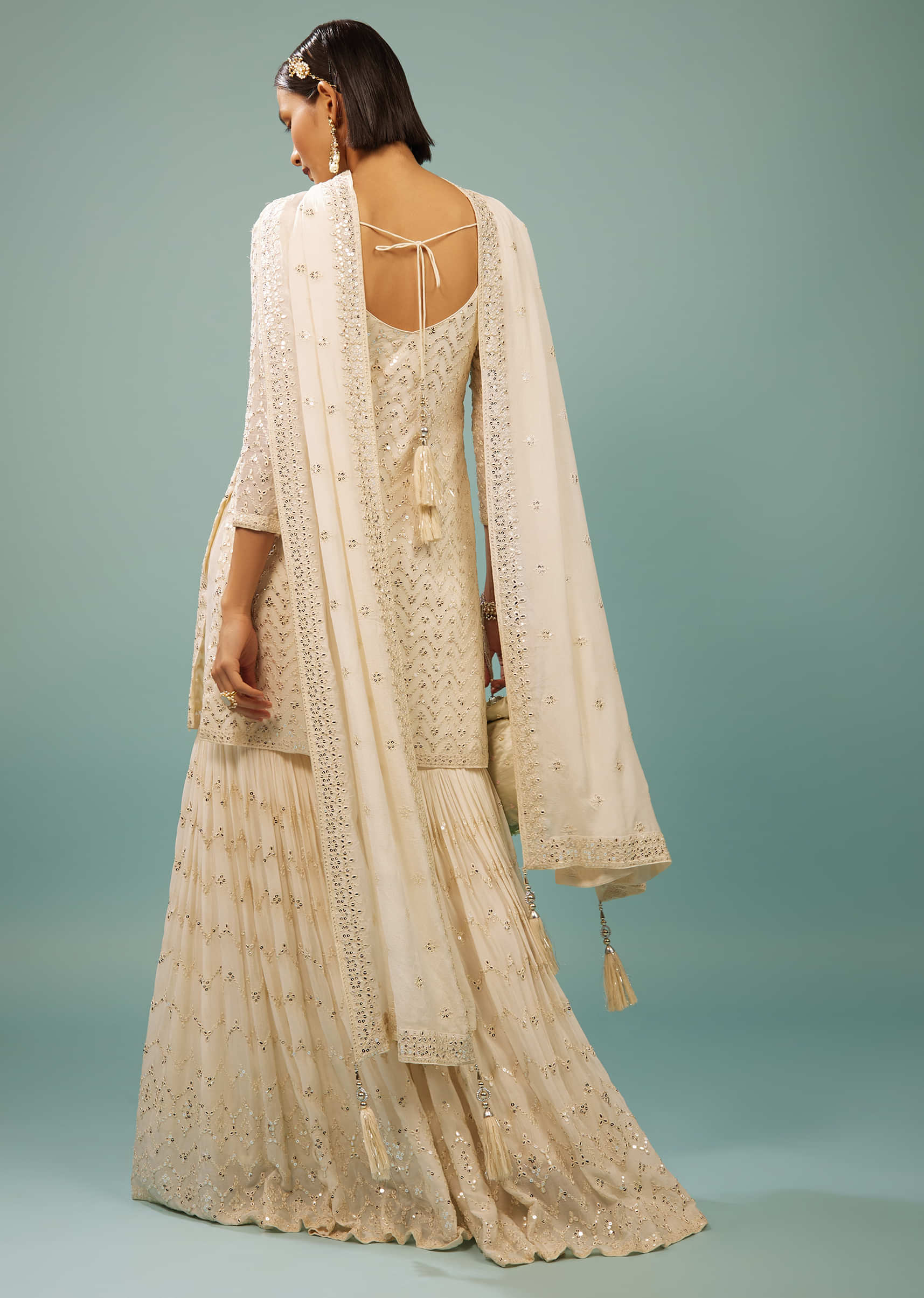 Pearl White Sharara Suit With Embroidery