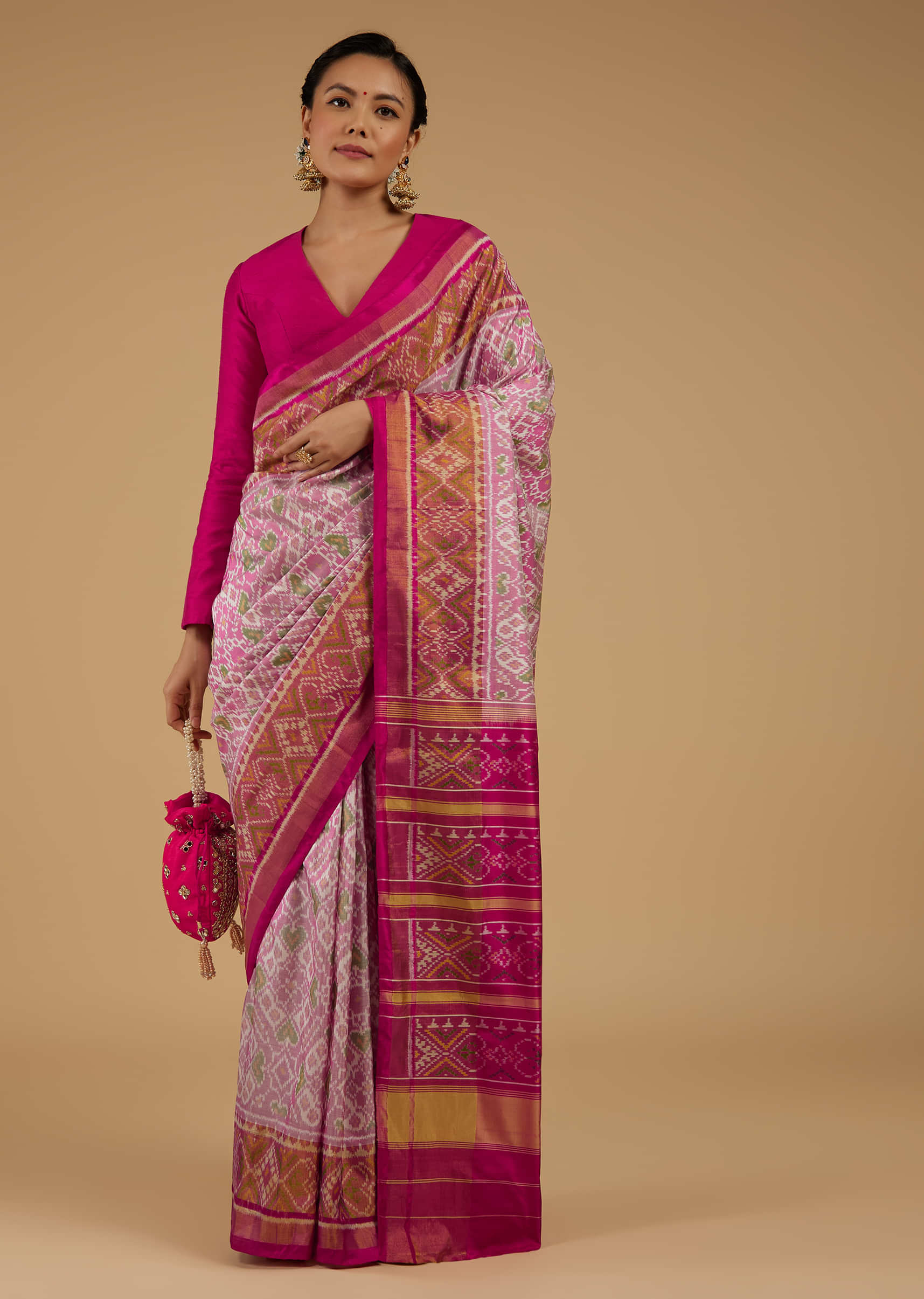 Petal Pink Saree In Silk With Ikat Weave Patola Work