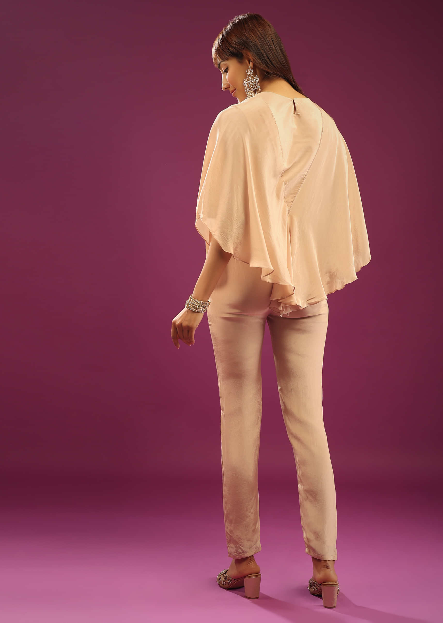 Beige Poncho Top With Trouser Pants In Crepe With Embroidery
