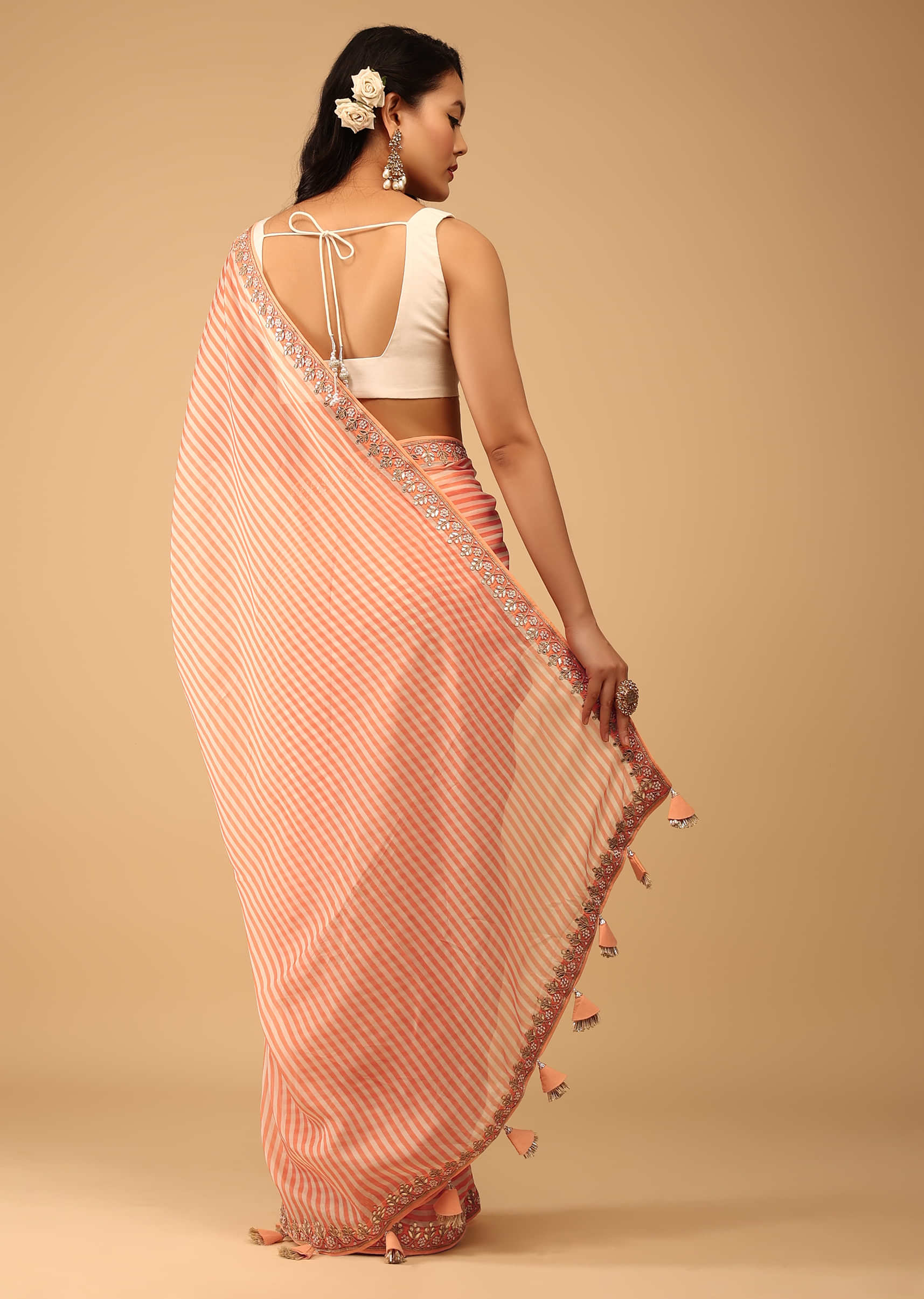 Melon Orange Saree In Muslin With Stripe Print And Embroidery