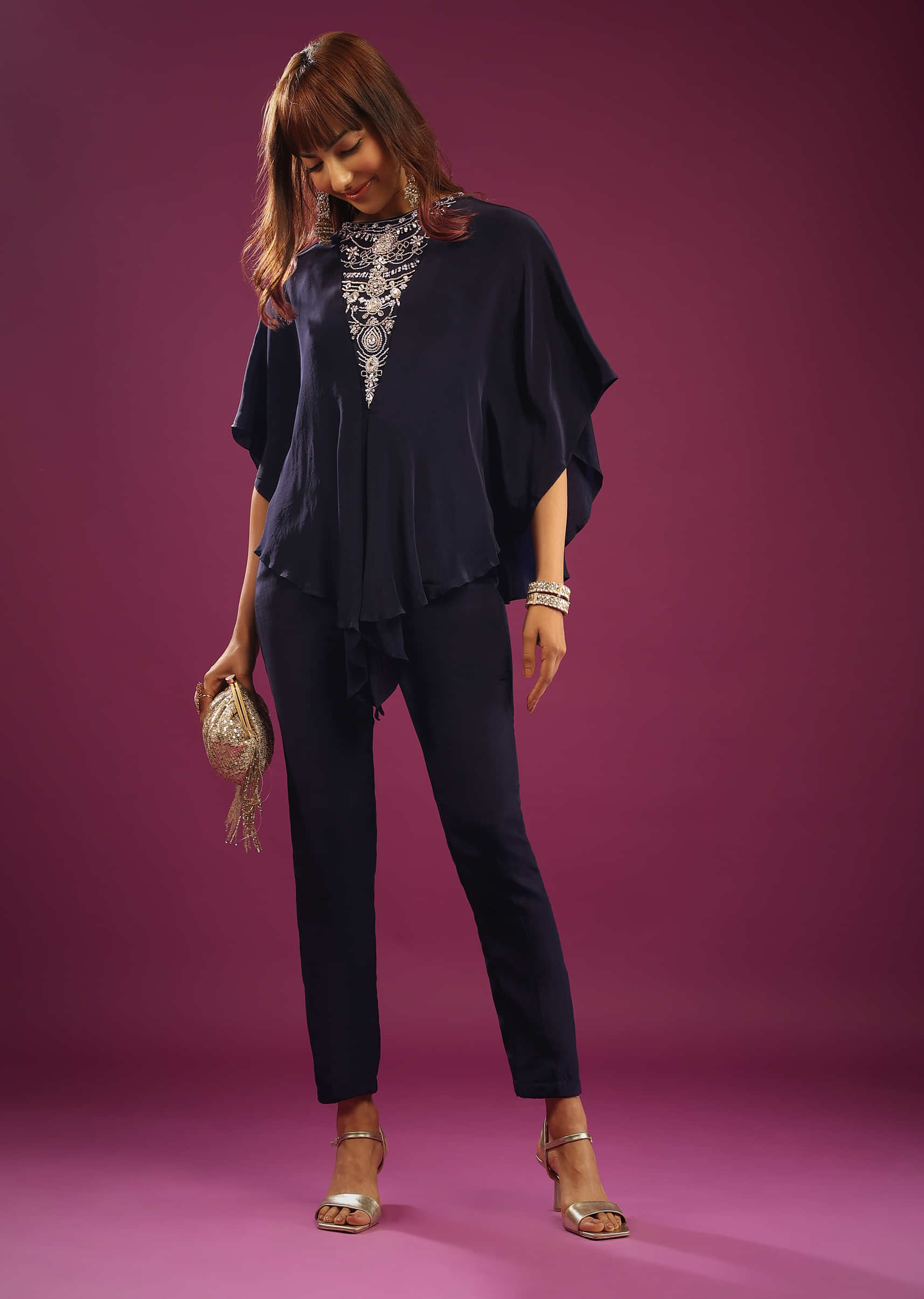 Kalki Midnight Blue Poncho Top With Trouser Pants In Crepe With Embroidery