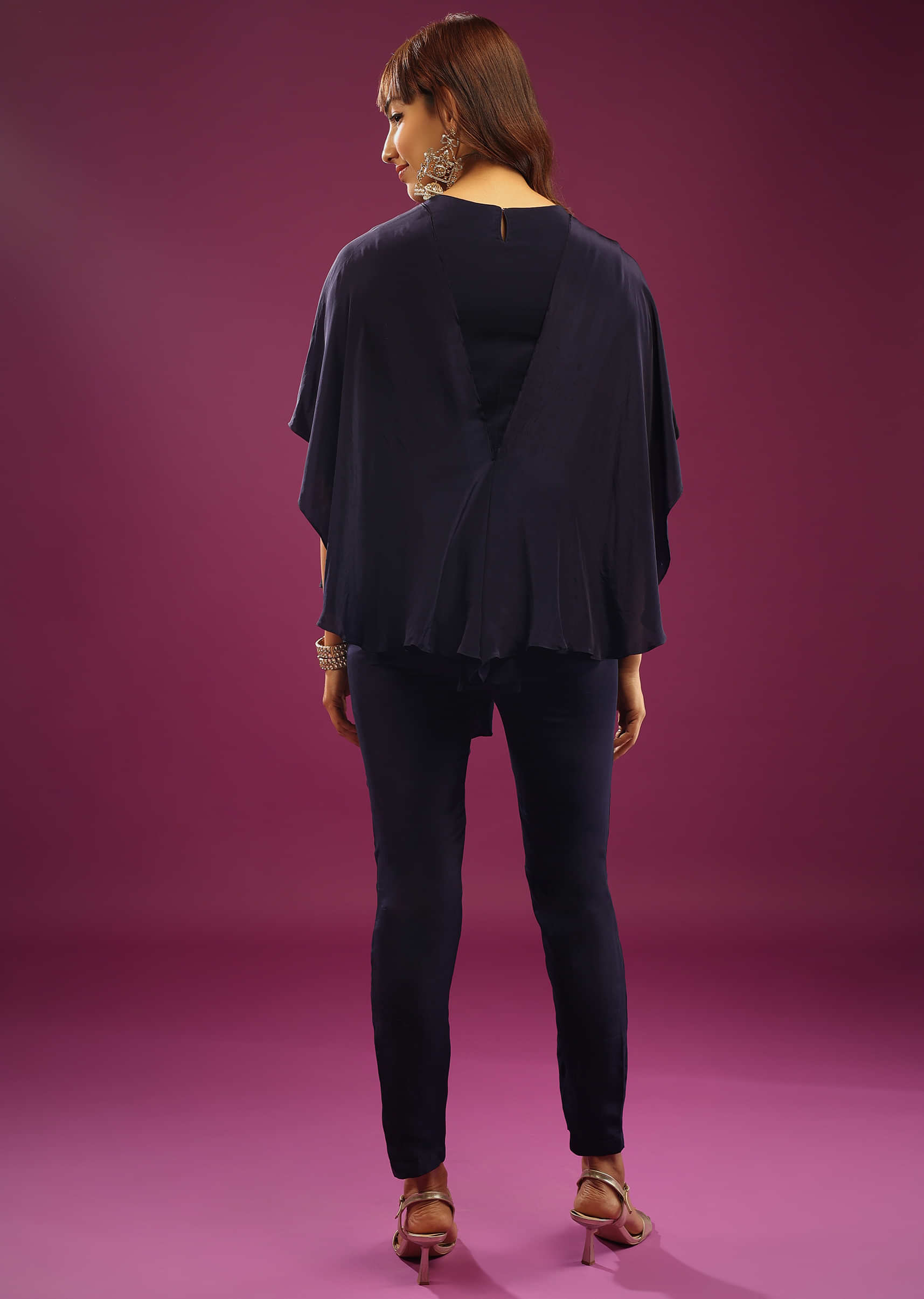 Midnight Blue Poncho Top With Trouser Pants In Crepe With Embroidery