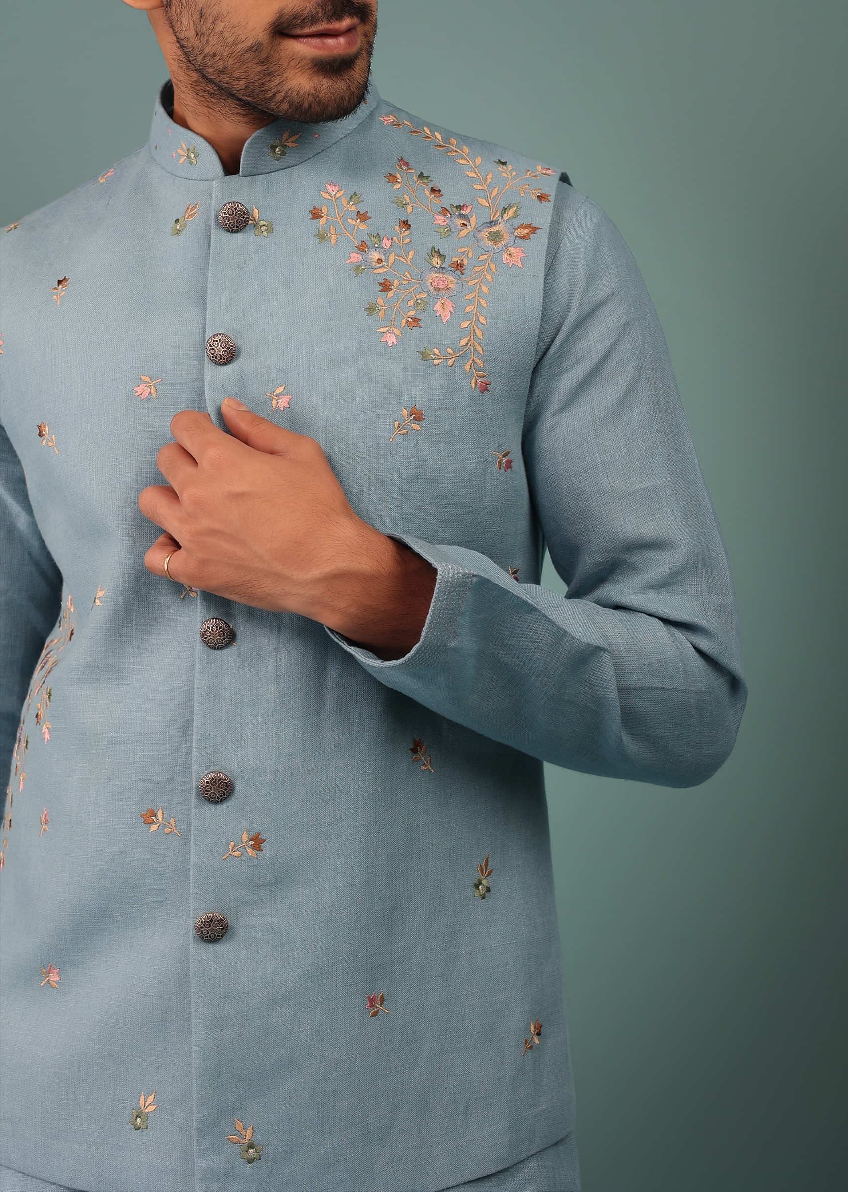 Kalki Blue Bandi Jacket Set In Linen With Blooming Floral Embroidery