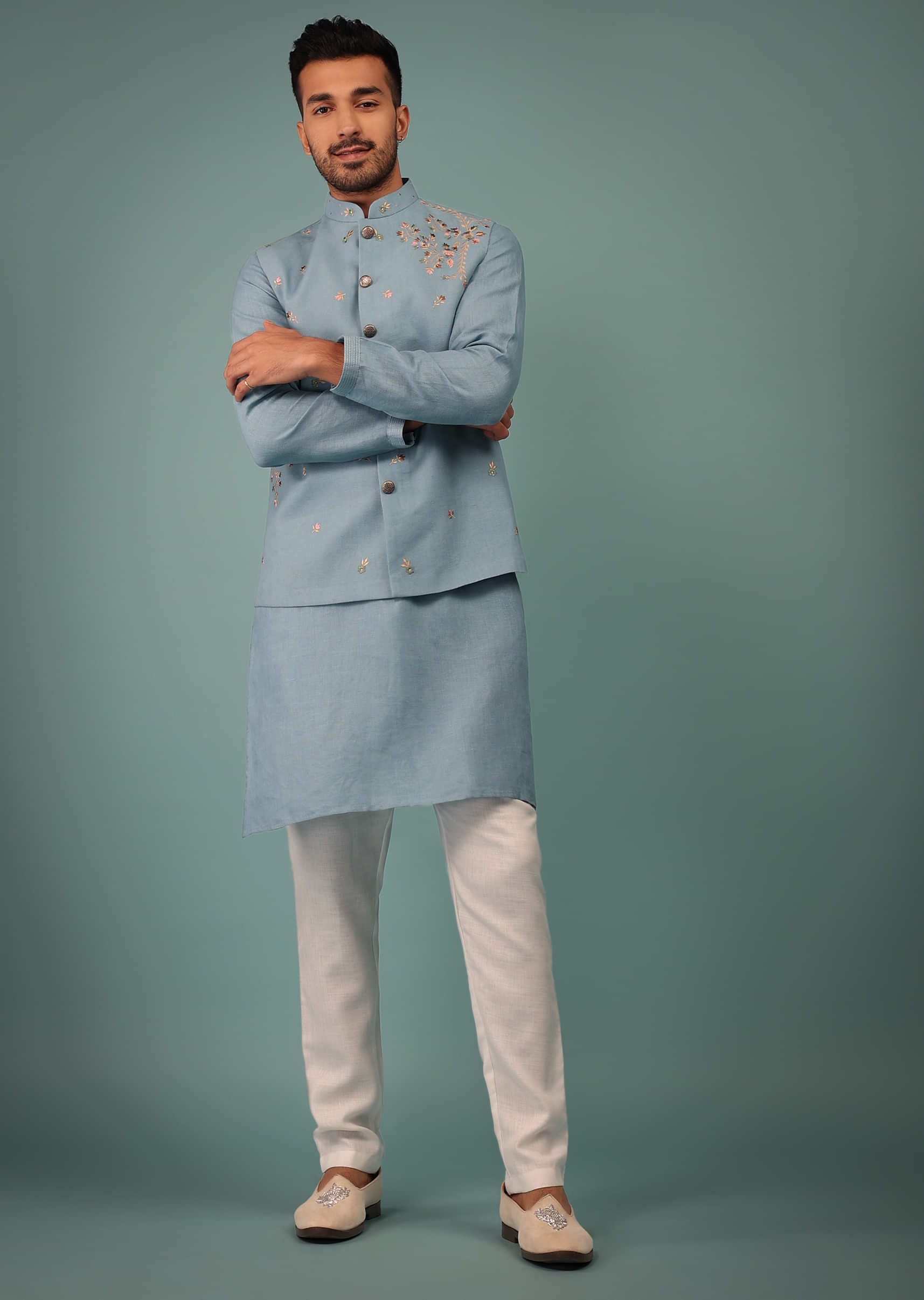 Powder Blue Bandi Jacket Set In Linen With Blooming Floral Embroidery