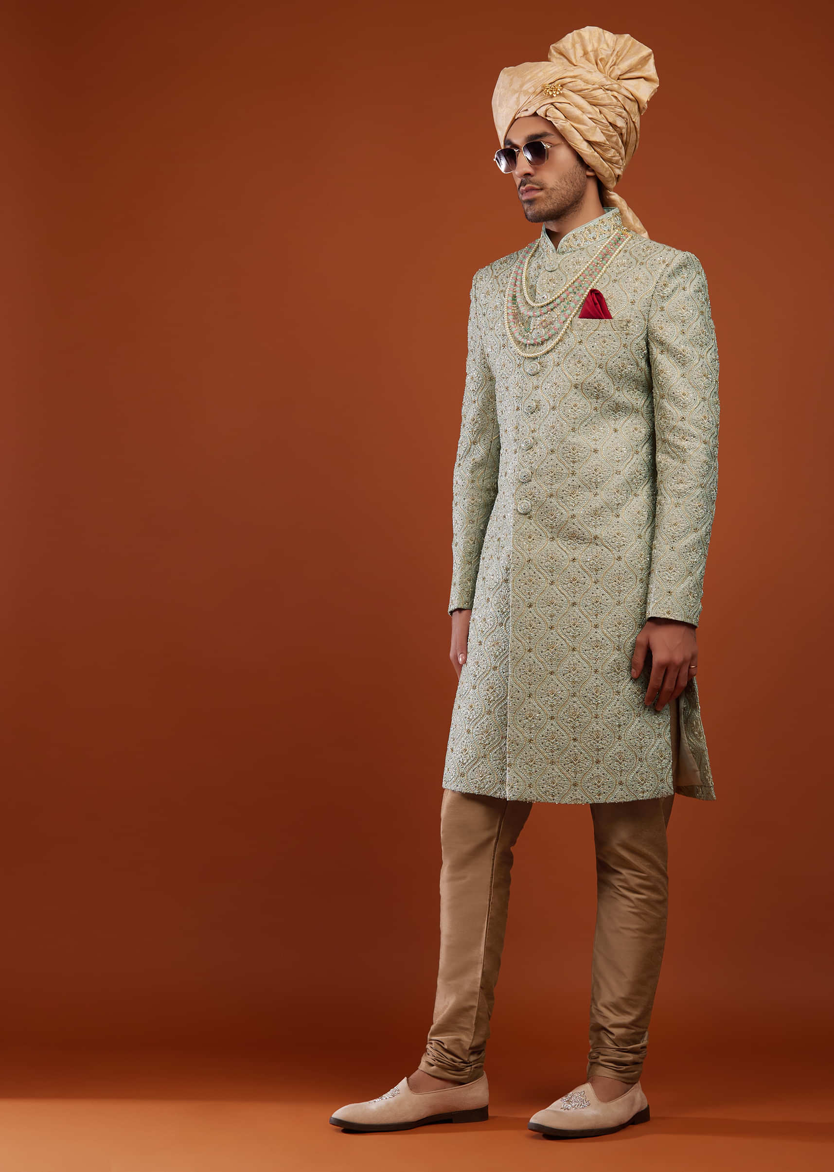 Pista Green Sherwani In Silk With Embroidery