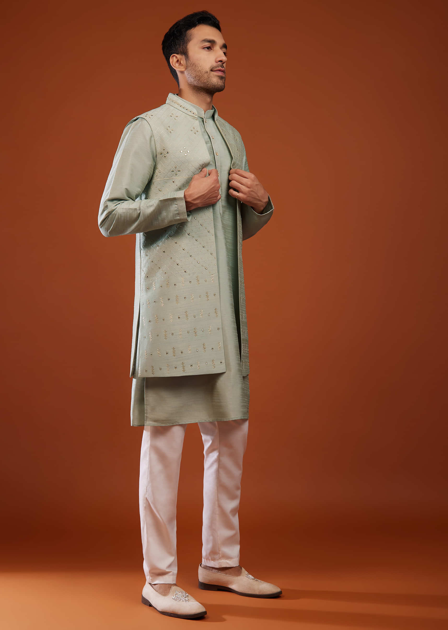 Kalki Mint Green Bandi Jacket Kurta Set In Cotton Silk With Embroidery