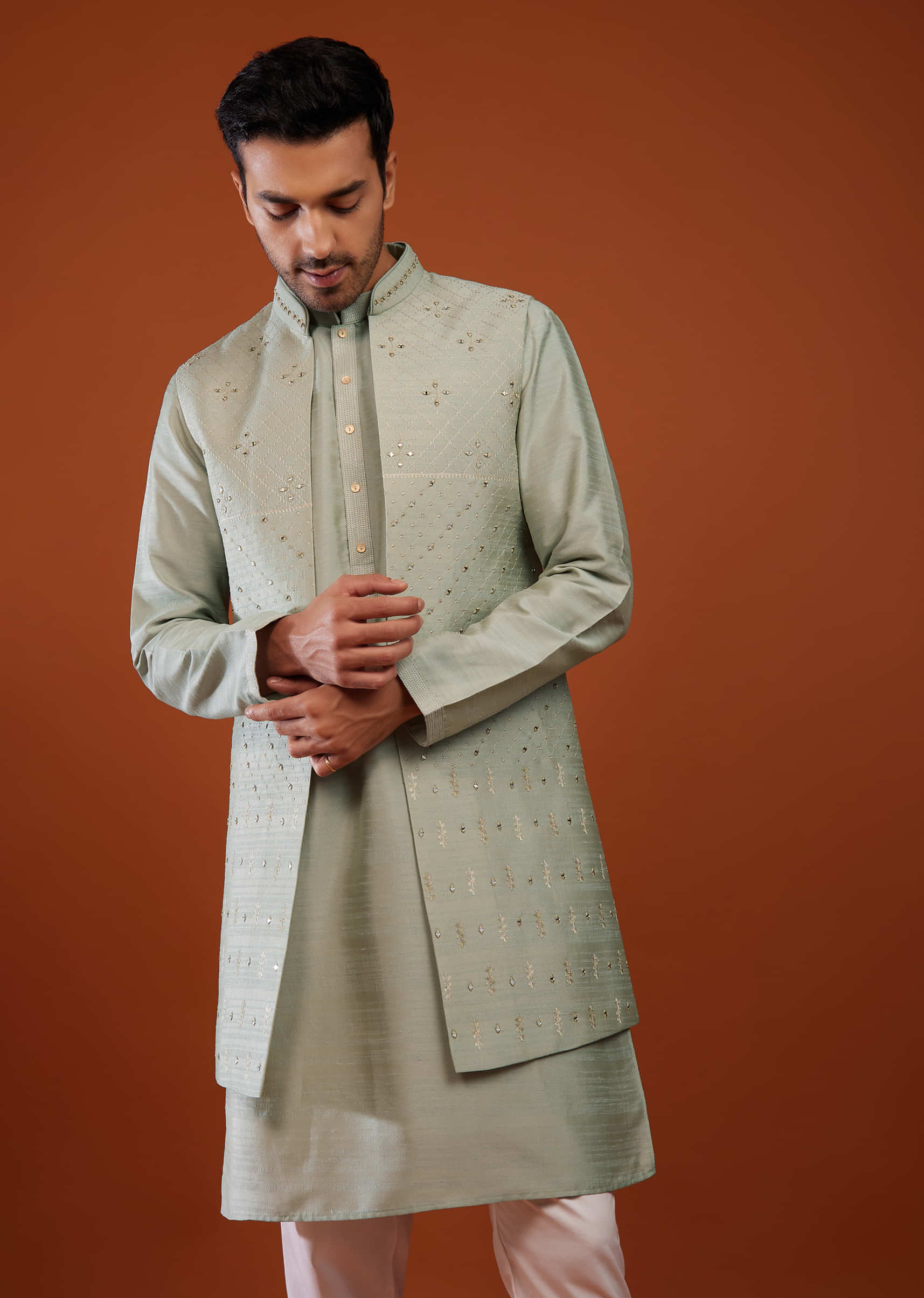 Moss Green Bandi Jacket Kurta Set In Cotton Silk With Embroidery
