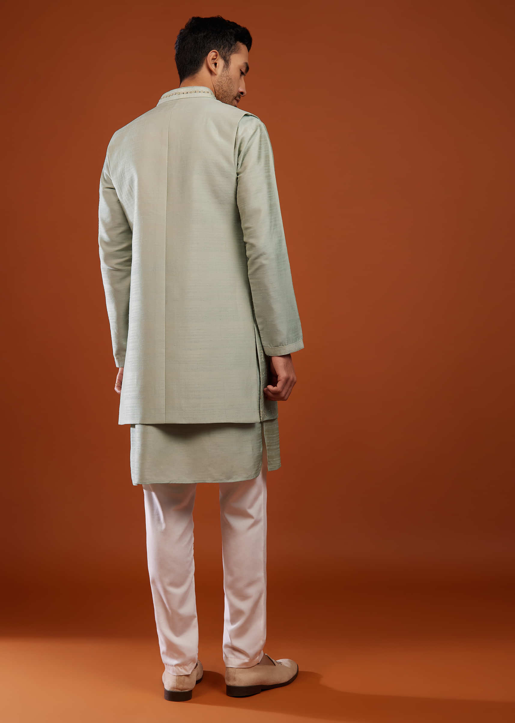 Moss Green Bandi Jacket Kurta Set In Cotton Silk With Embroidery