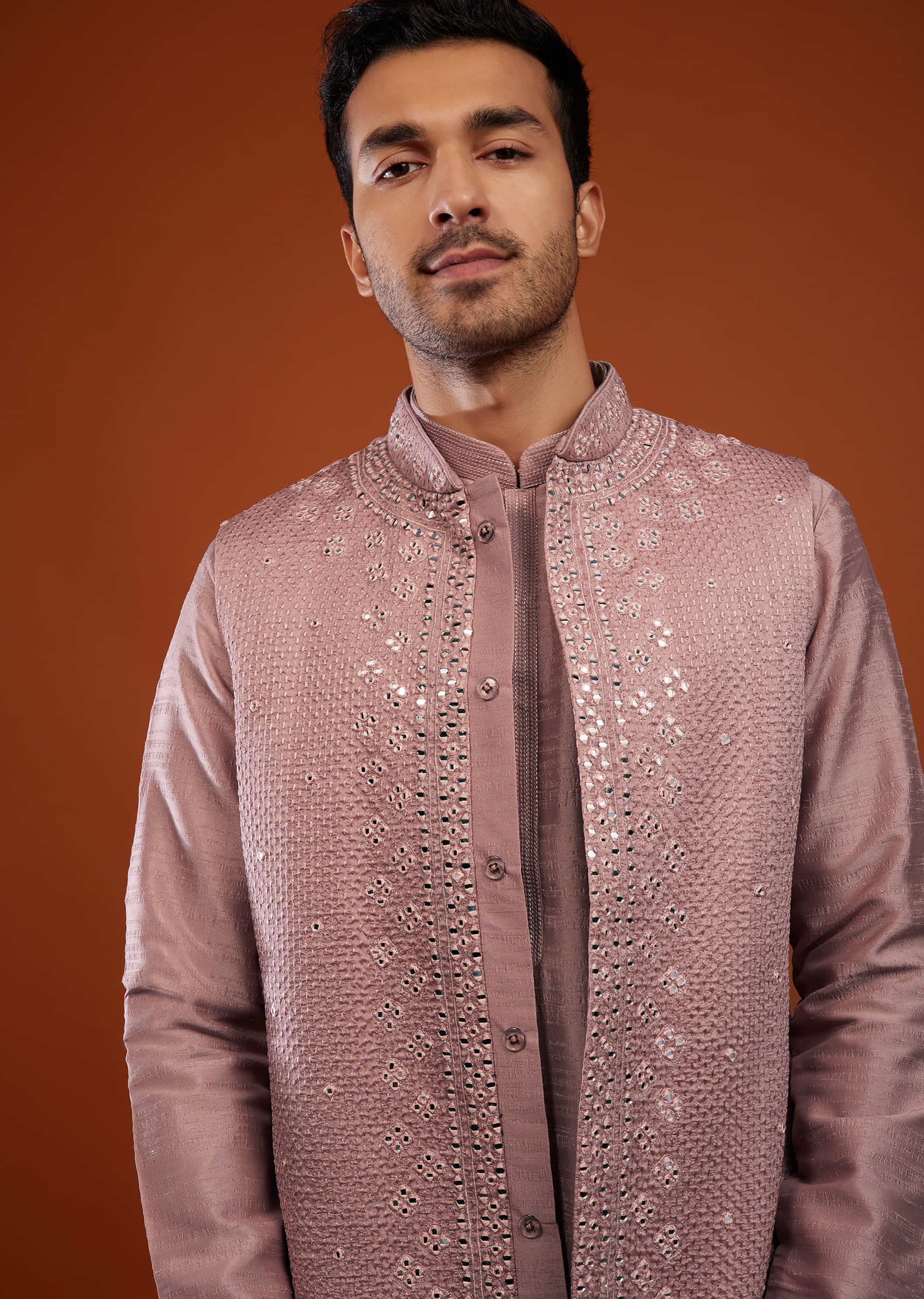 Dusty Rose Pink Bandi Jacket Kurta Set In Cotton Silk With Mirror Embroidery