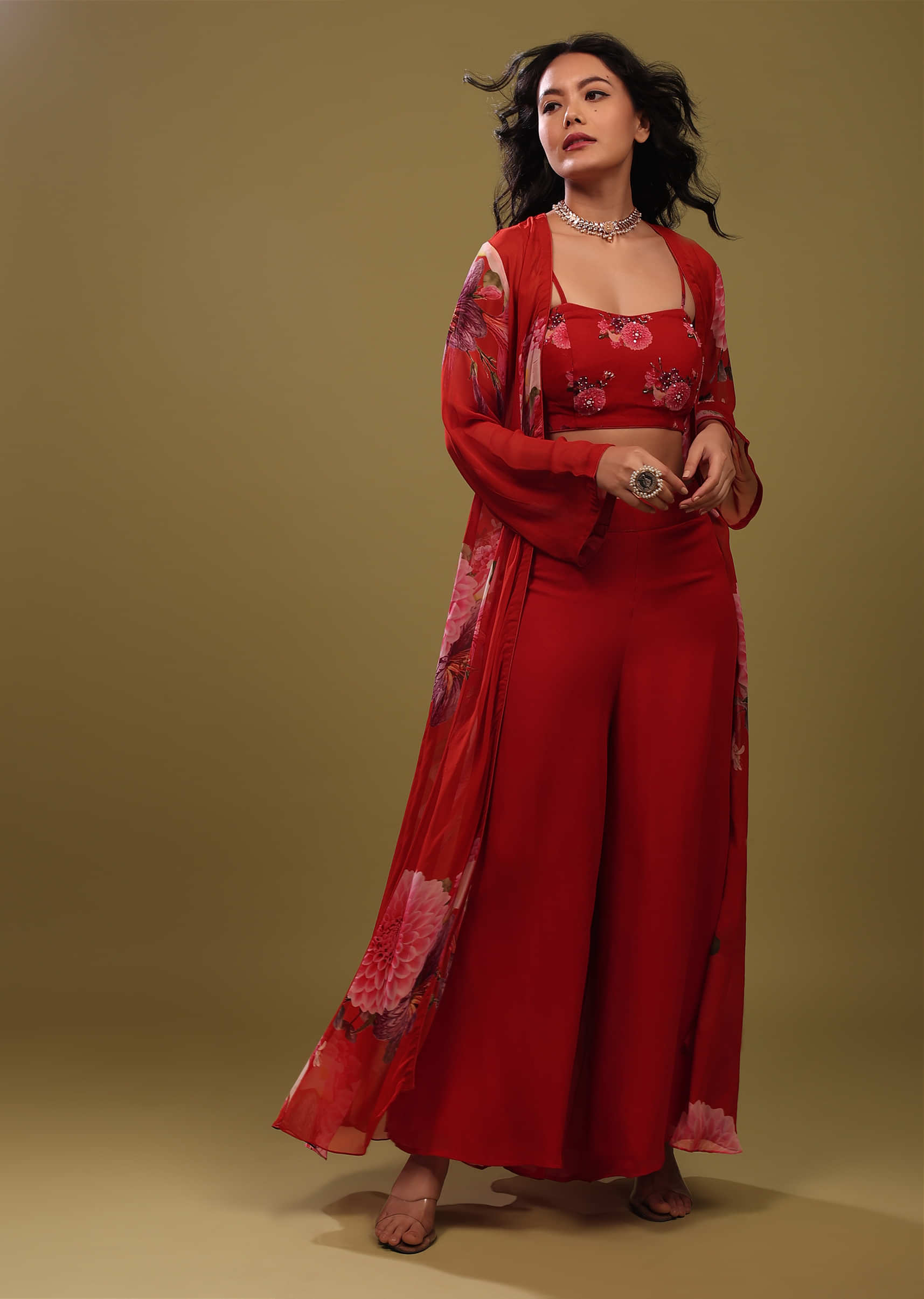 Rose Red Palazzo Top Set With Shrug In A Breezy Floral Print And Embroidery
