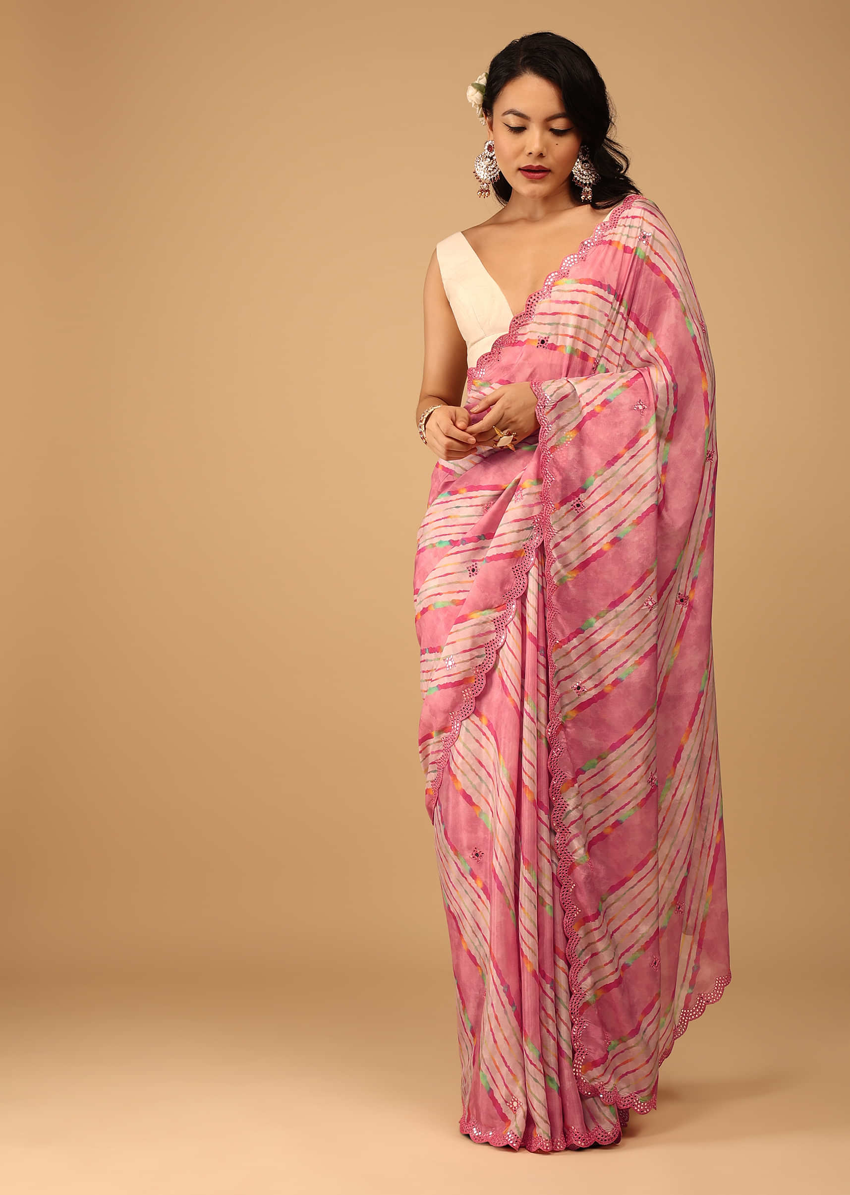 Kalki Morning Glory Pink Leheriya Saree In Muslin With Mirror Embroidery