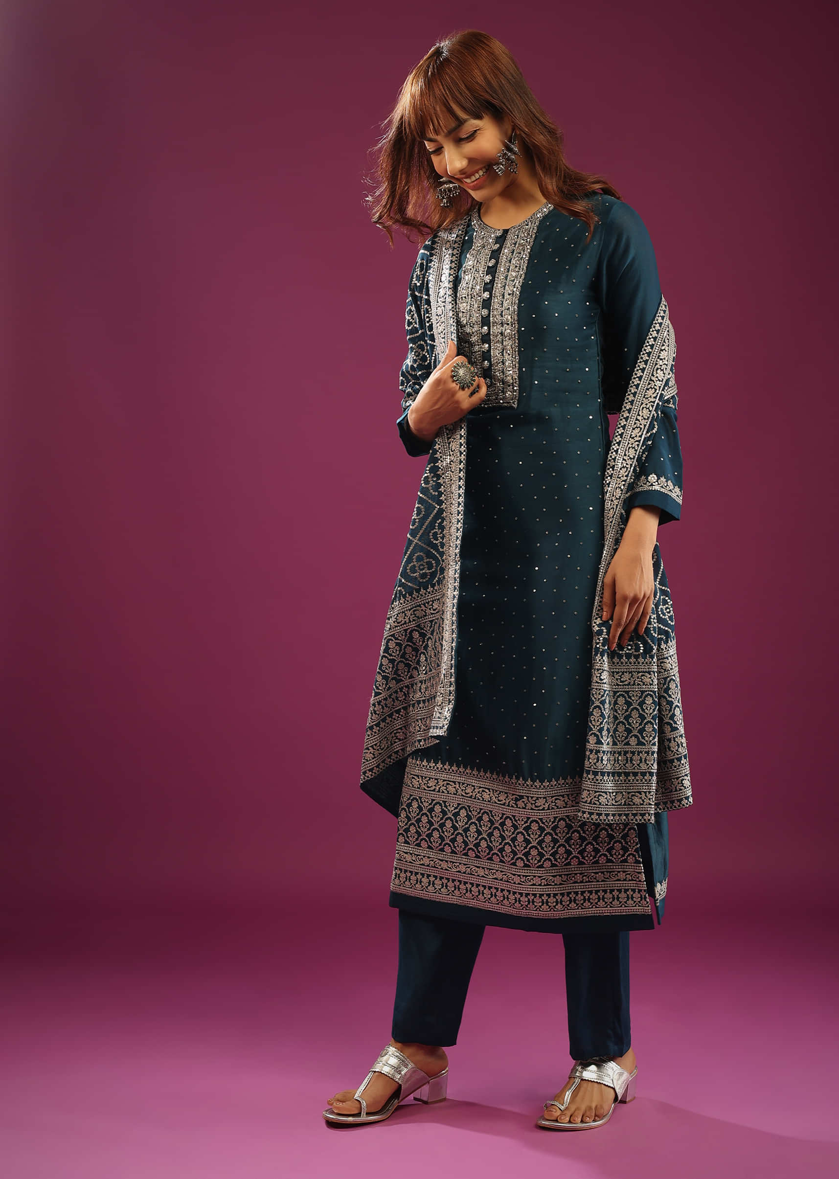 Kalki Moroccan Blue Pant Suit In Chanderi With Zardosi And Zari Embroidery