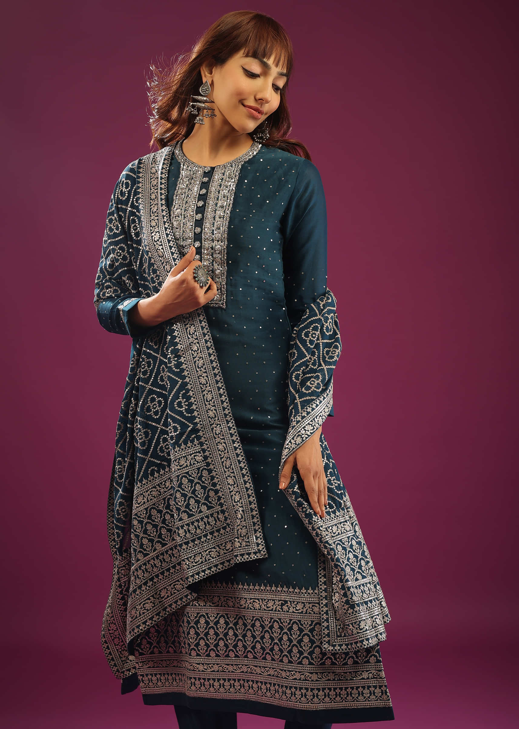 Persian Blue Pant Suit In Chanderi With Zardosi And Zari Embroidery