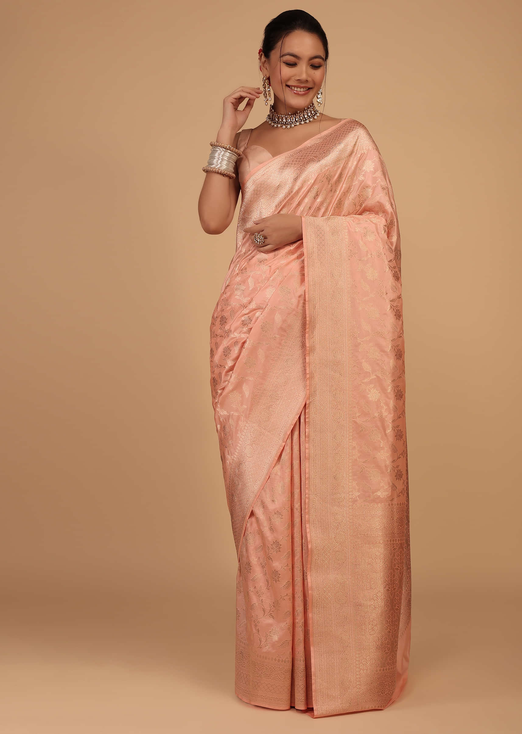 Kalki Nectar Peach Saree In Pure Banarasi Silk With Upada Zari Weave Floral Jaal Work