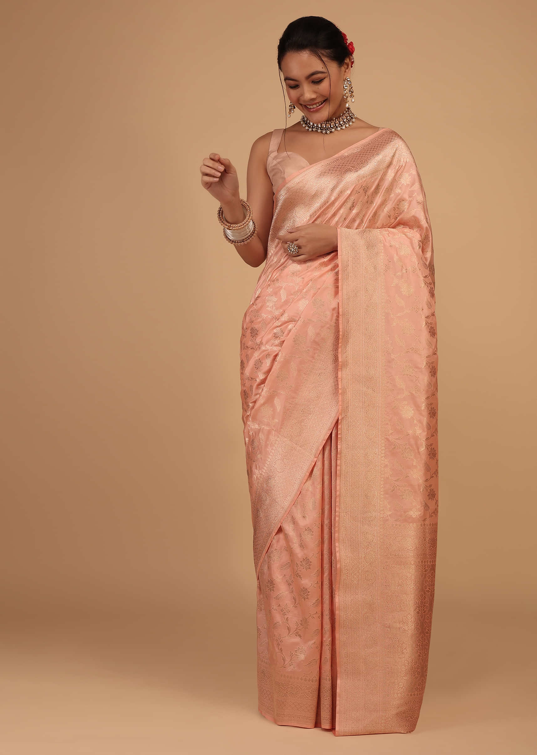 Peach Saree In Pure Banarasi Silk With Upada Zari Weave Floral Jaal Work