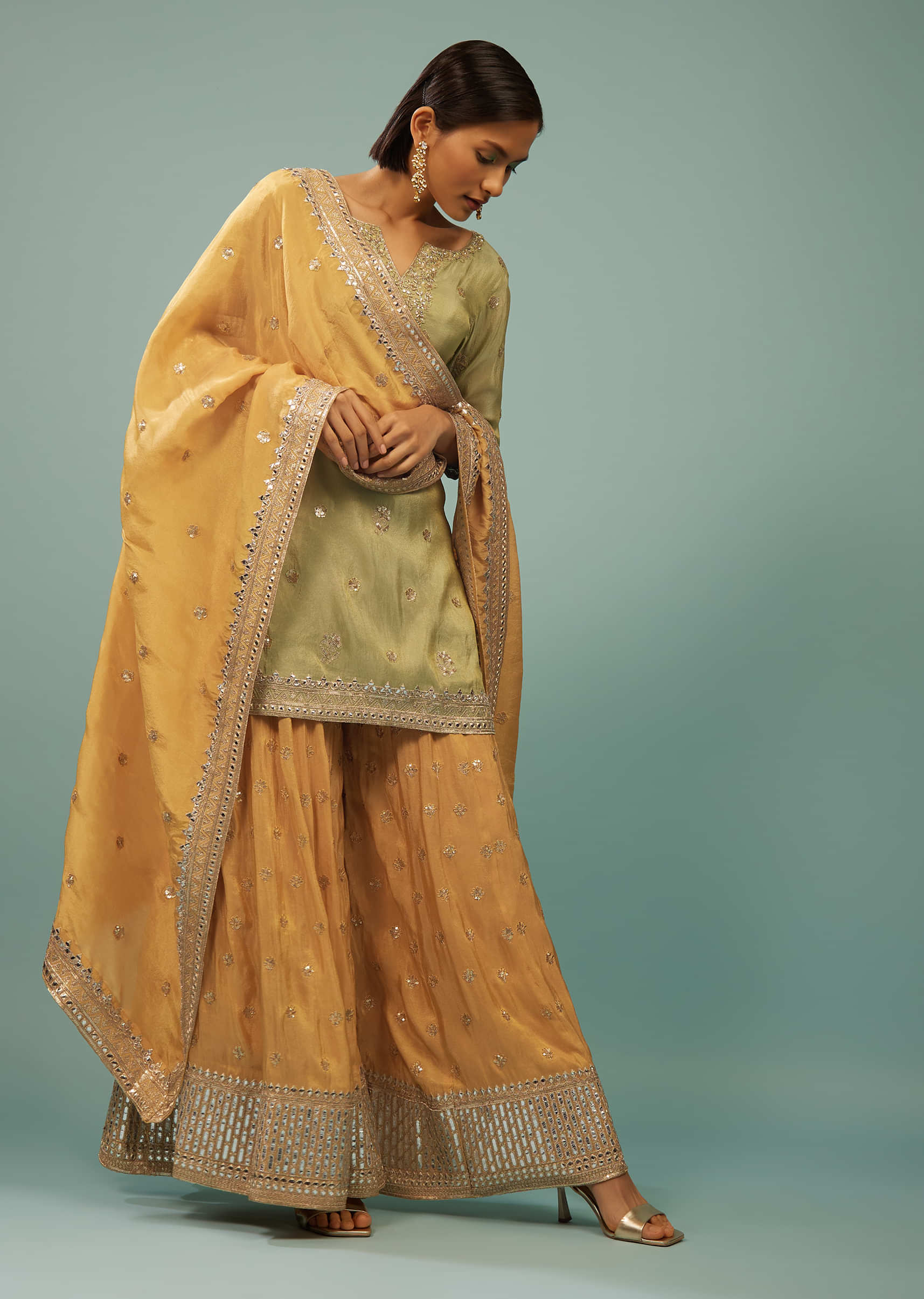 Kalki Nile Green Palazzo Suit With Yellow Palazzo & Dupatta In Embroidery 