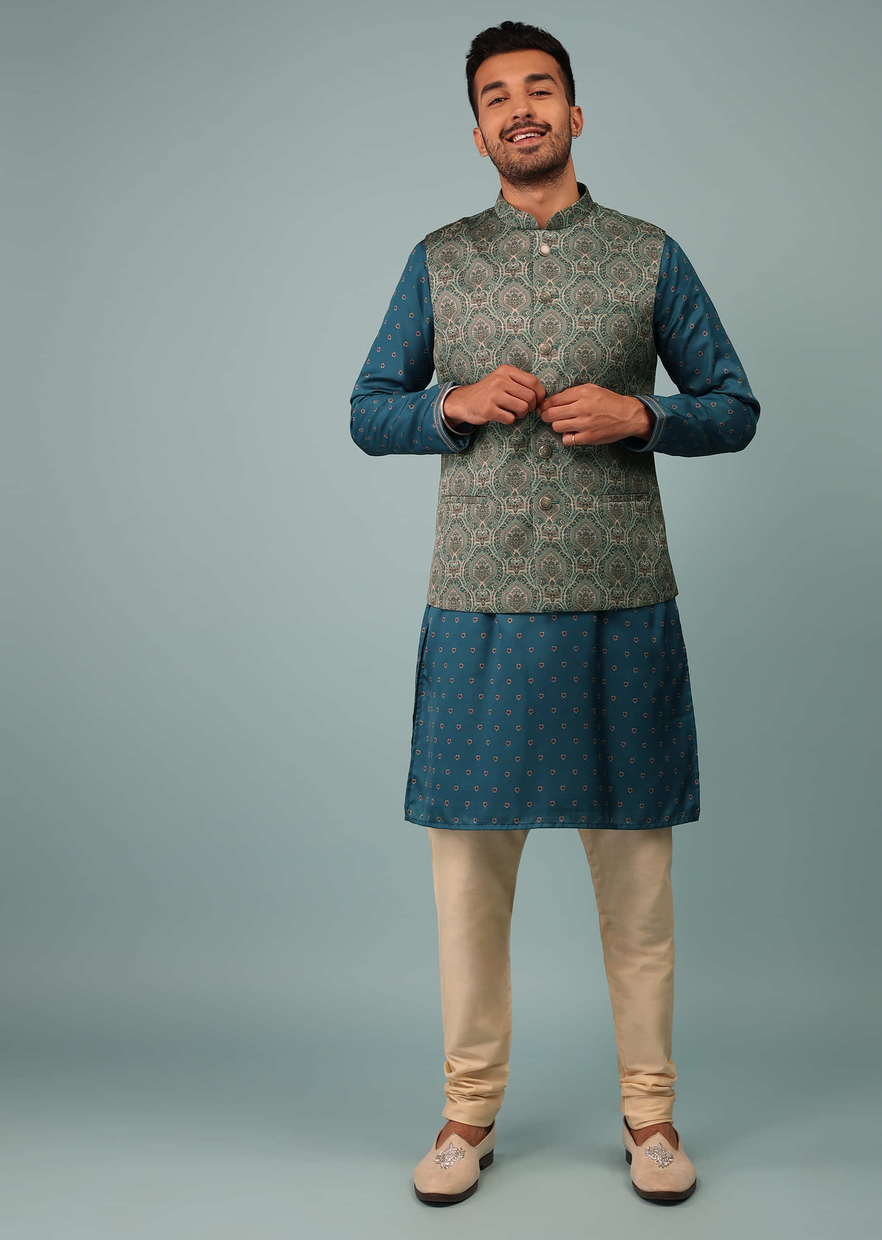 Sea Blue Bandi Jacket Set In Linen With Floral Print