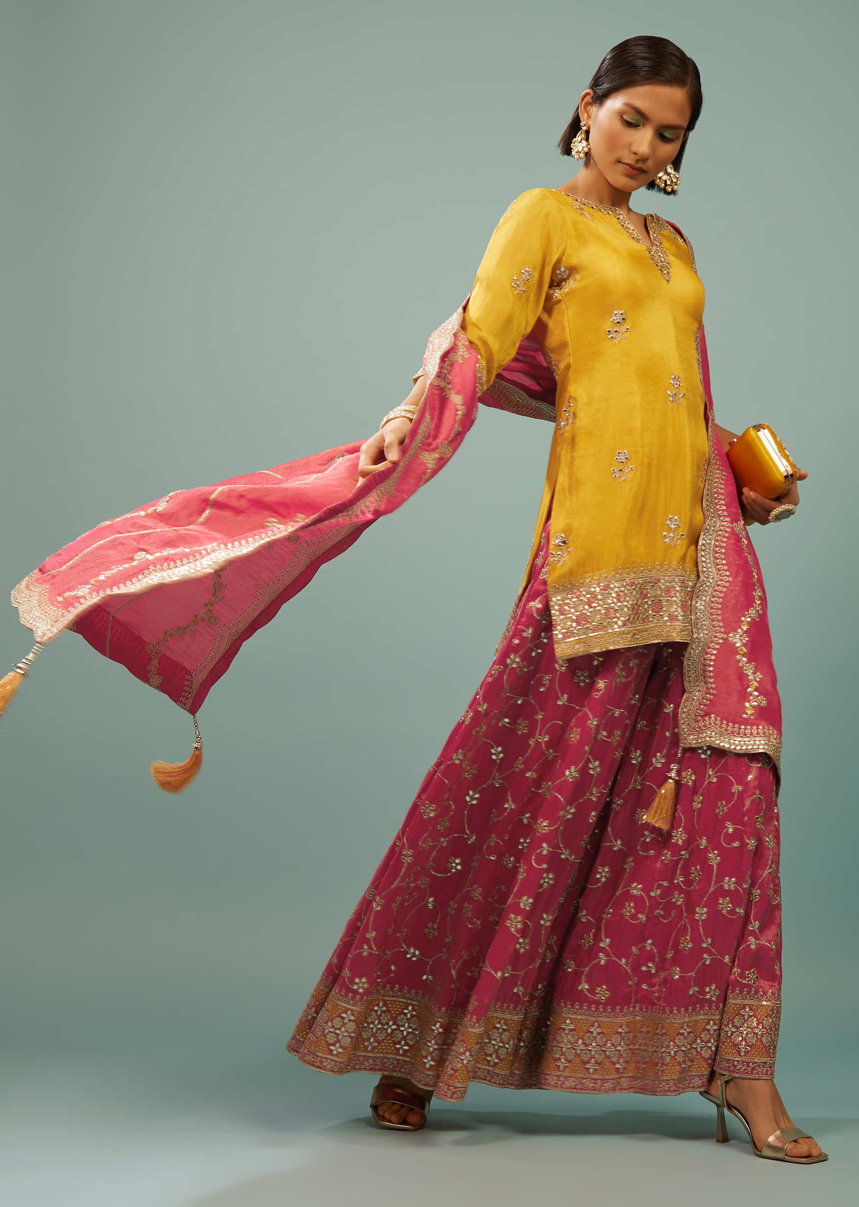 Kalki Old Gold Yellow Palazzo Suit With Embroidered Pink Palazzo & Dupatta