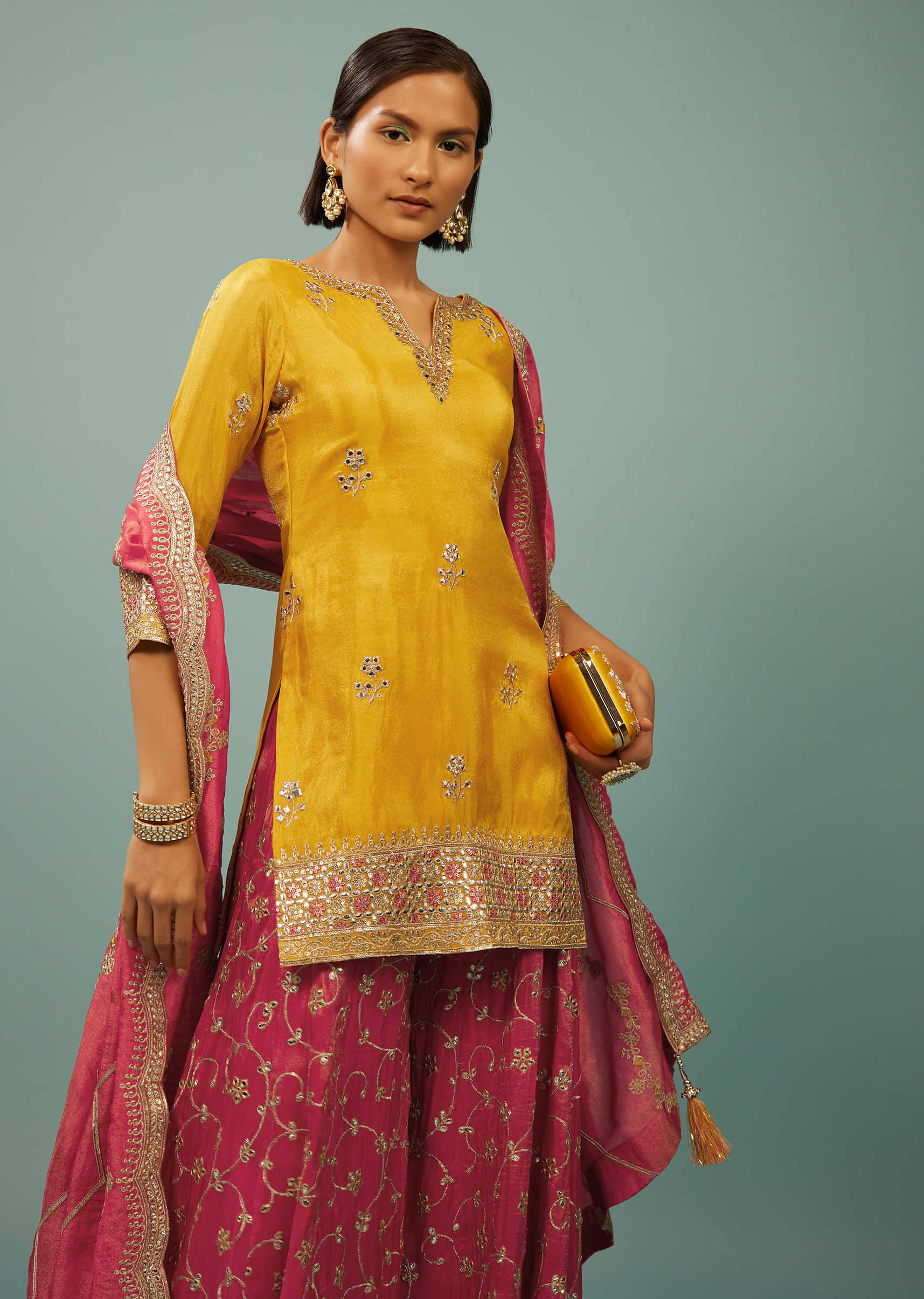 Bright Yellow Palazzo Suit With Embroidered Pink Palazzo & Dupatta