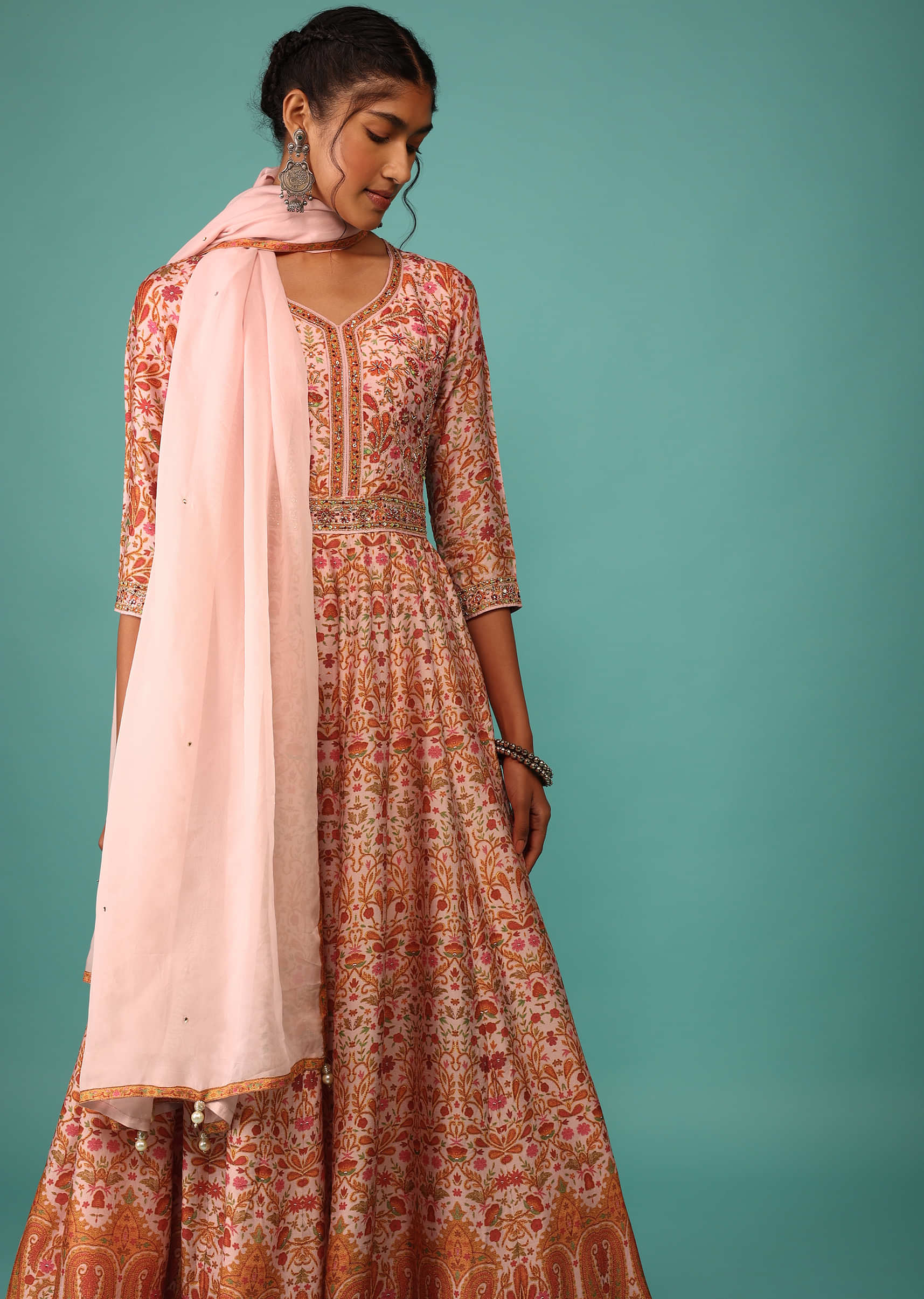 Candy Pink Anarkali Suit Set In Raw Silk With Kashmiri Print Work And Embroidery